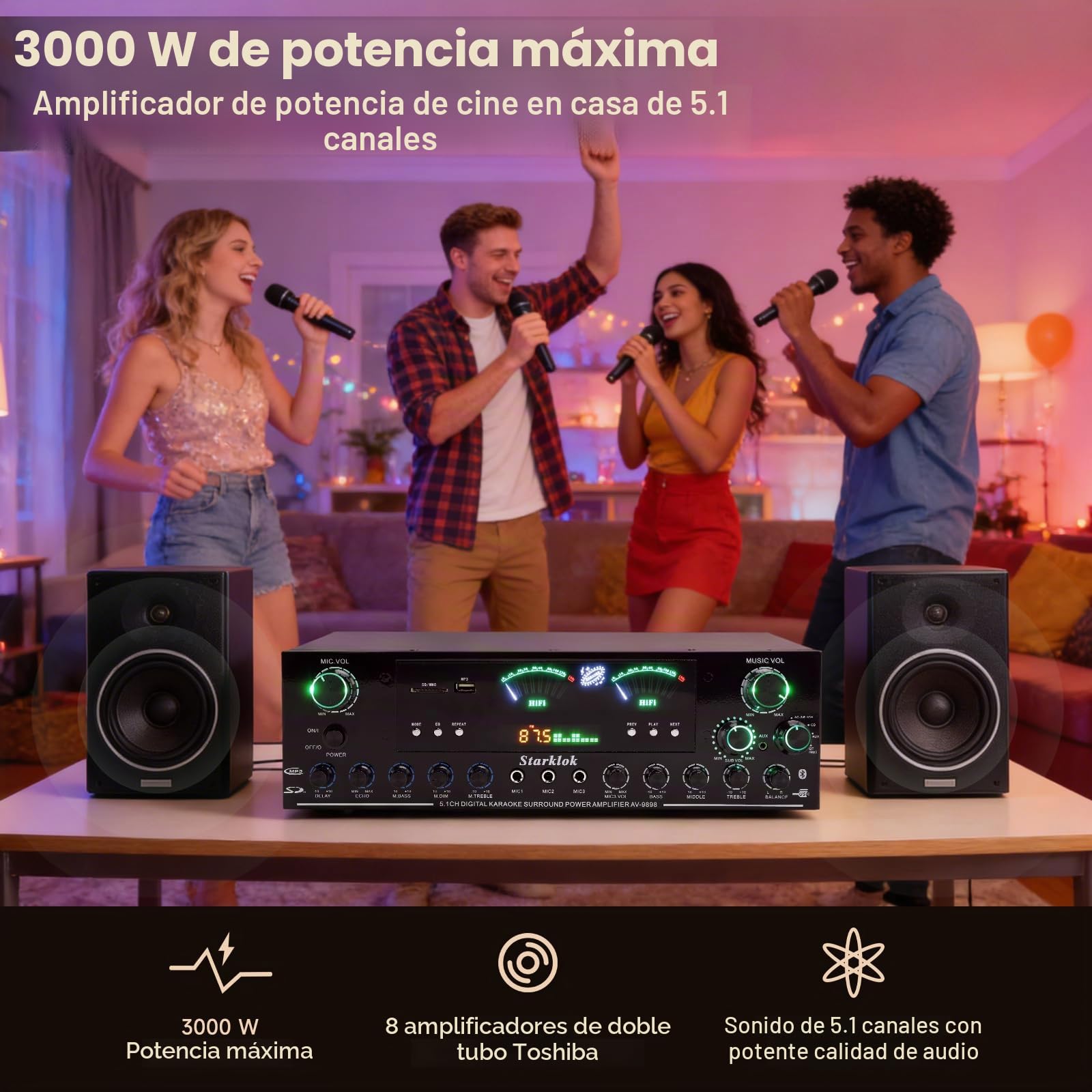 3000 W de potencia máxima de 5.1 canales HiFi estéreo, amplificador de subwoofer de cine en casa con Bluetooth 5.0, reproducción USB/SD, tres entradas de micrófono