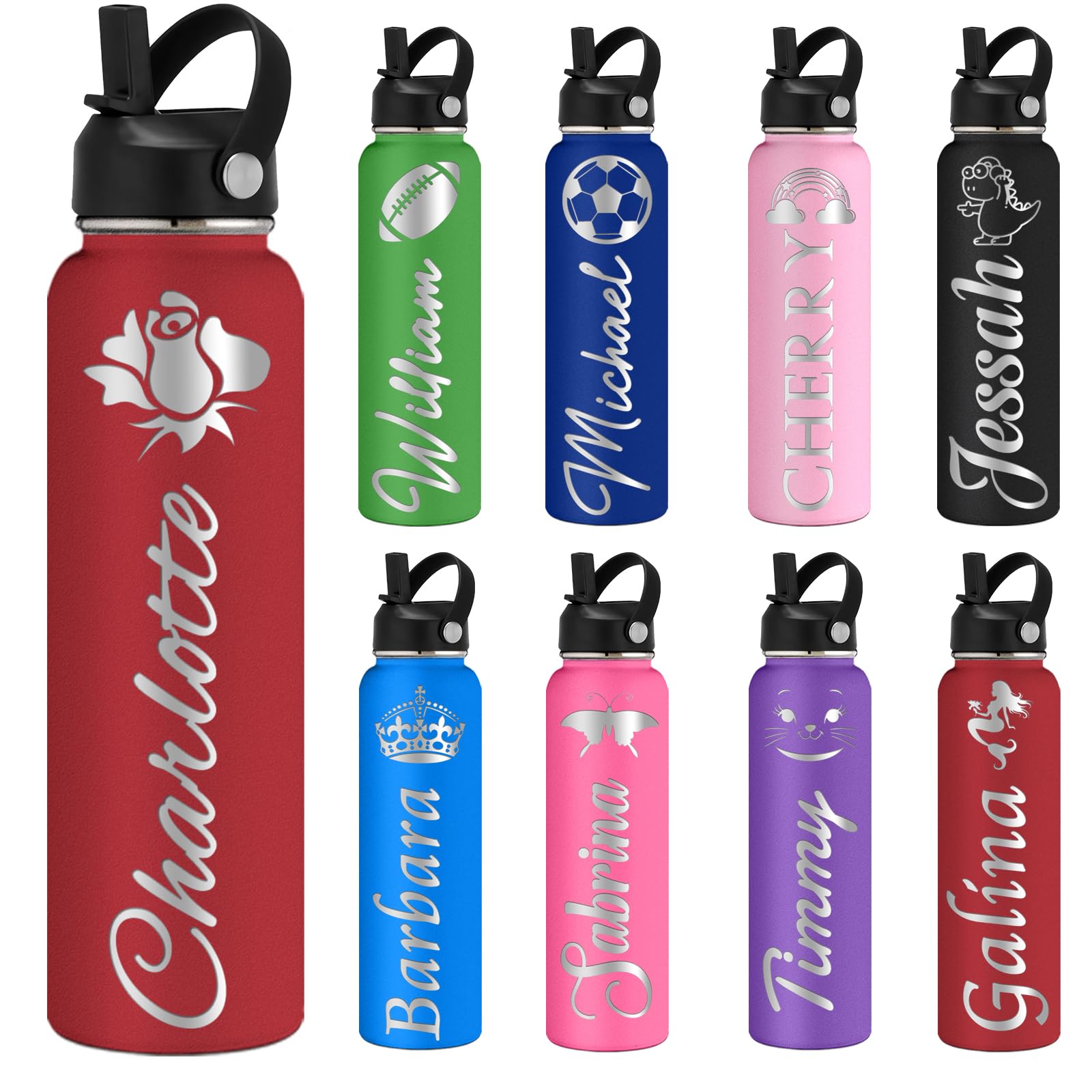 Swancharm Custom Water Bottles Personalized with Straw Lid 12/18/24/32/40 oz Customized Stainless Steel Water Bottle with Engraved Names Double Wall