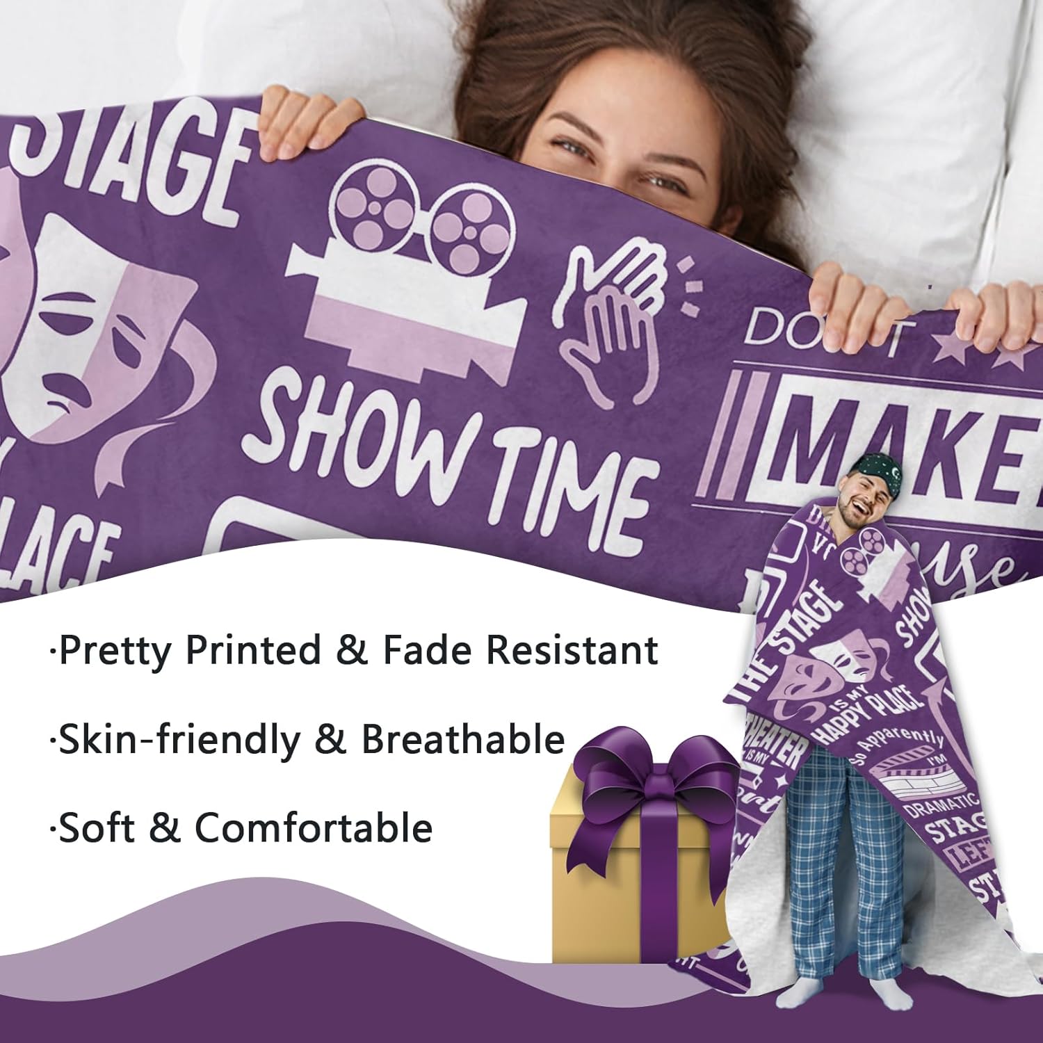 Theater Gifts Flannel Throw Blanket, Eat Sleep Musicals Repeat Present for Broadway Theatre Lover Actor, Birthday Ideas for Women Girl Boy, Soft Blankets for Bedding Sofa 60"x80"