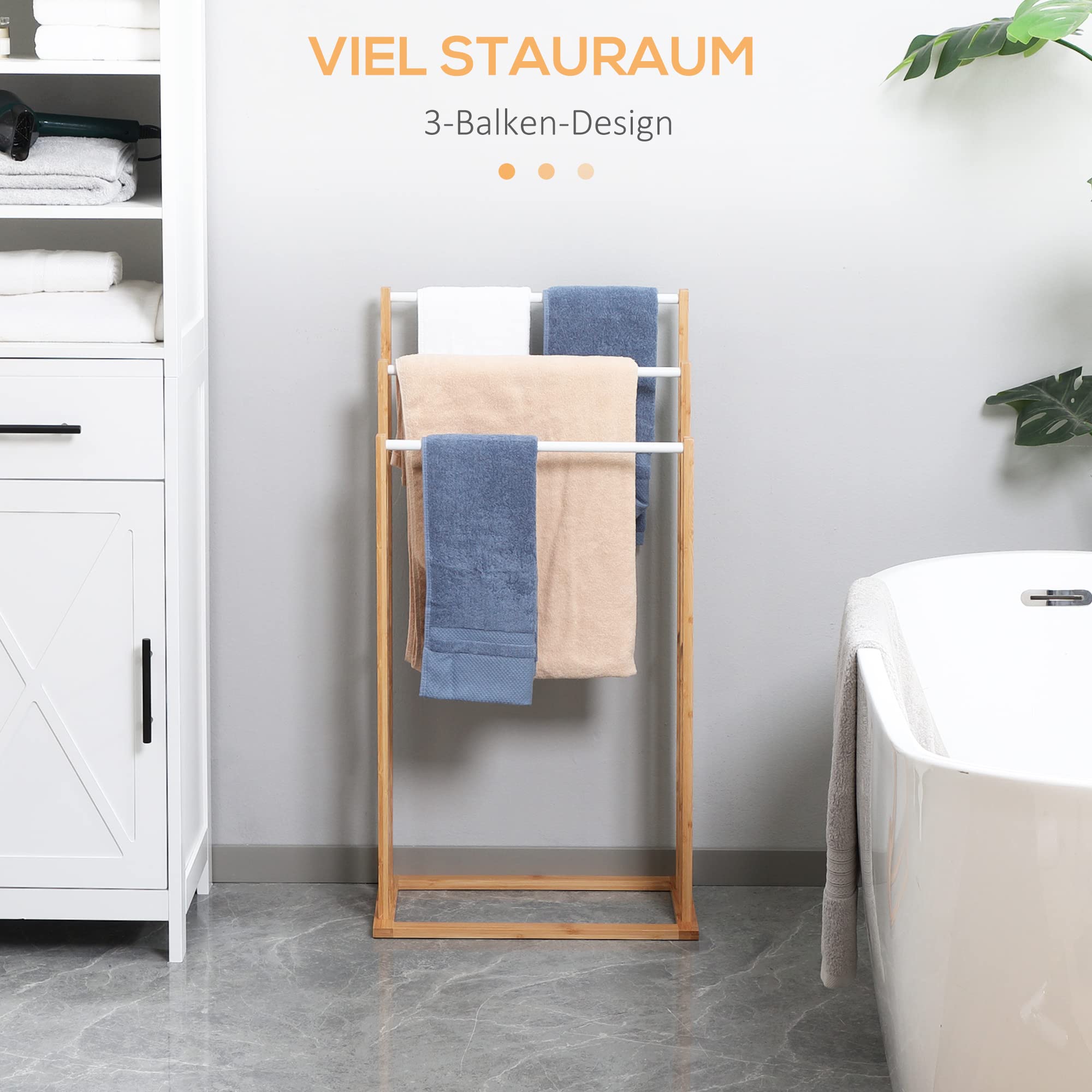 HOMCOM Toallero de Pie de Bambú con 3 Barras Toallero Independiente de 3 Niveles para Baño Lavadero 48x25,8x94 cm Natural