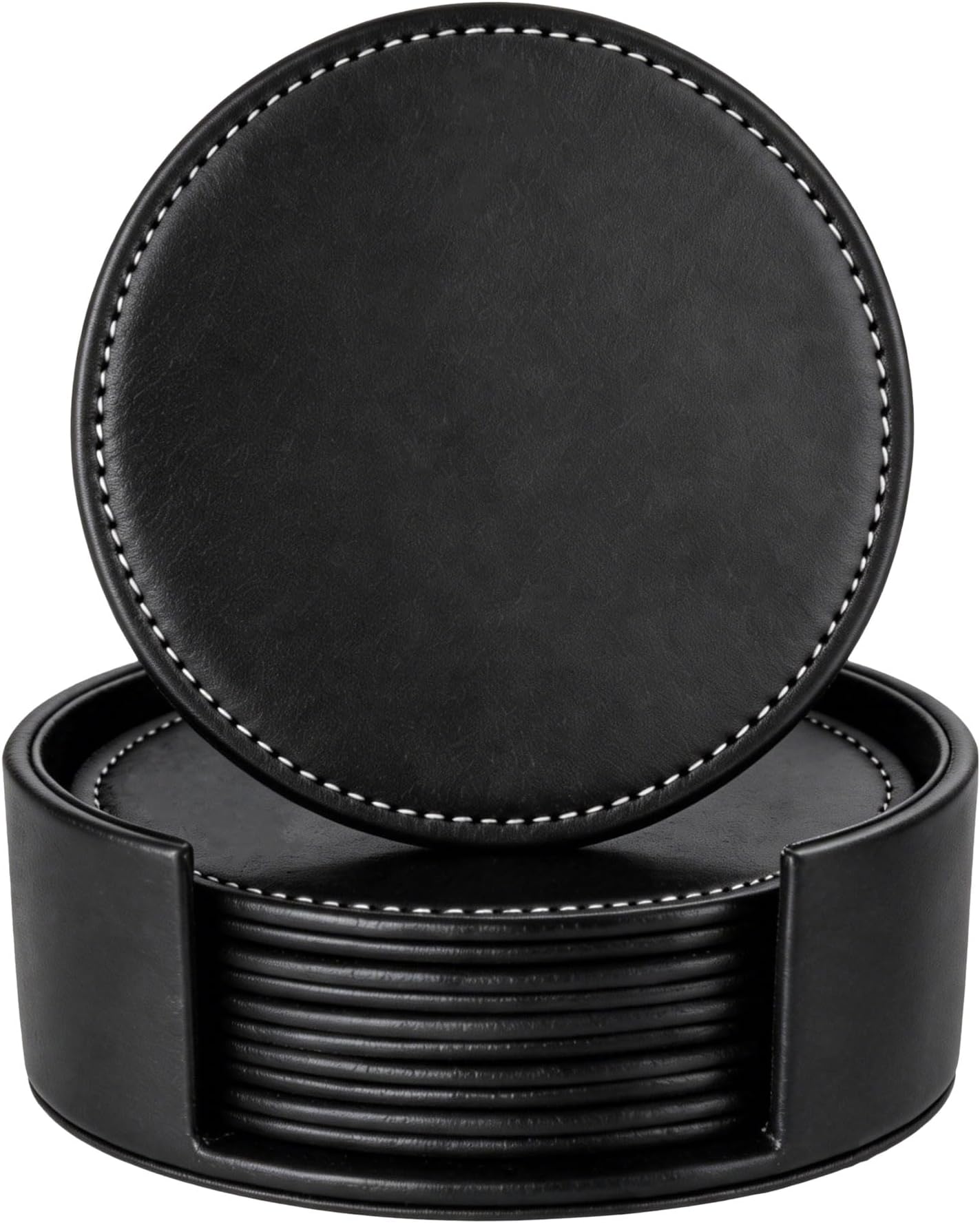 Leather Coasters Set of 6, Handmade Round Coaster for Drinks, Waterproof Non-Slip Heat Resistant Cup Mats for Coffee Table, Bar, Kitchen & Office, Protect Furniture from Watermark (Black)