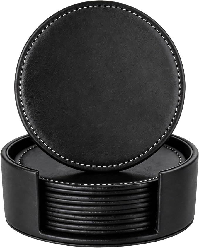 Leather Coasters for Drinks(6 Pack), Handmade Durable Drink Coasters Set with Holder for Tabletop Protection, Luxurious Home Décor and Housewarming Gift (Brown)
