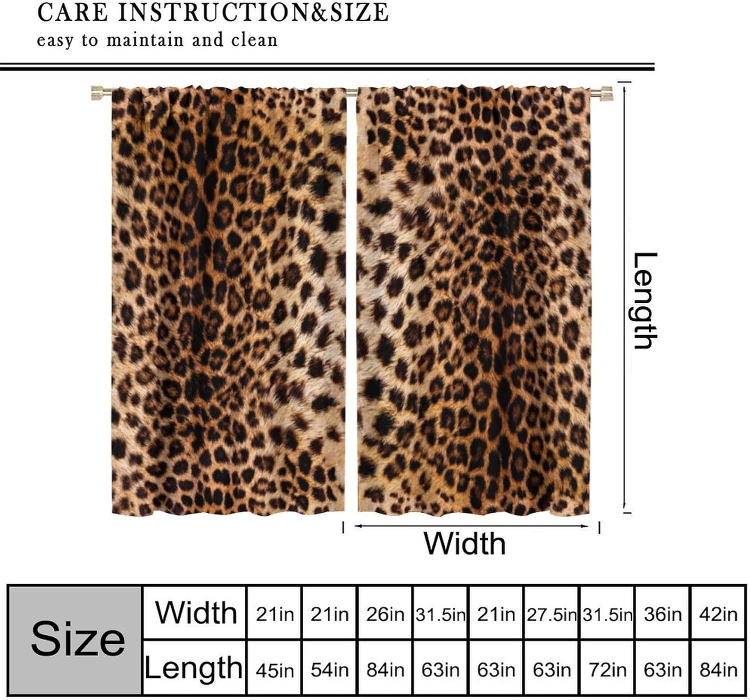 Leopard Print Curtains,Brown Animal Fur Printed Window Treatments for Women Girls Bedroom Living Room,Wildlife Skin Texture Room Darkening Drapes 2 Panel Set,Total Size 42 x 63 Inch