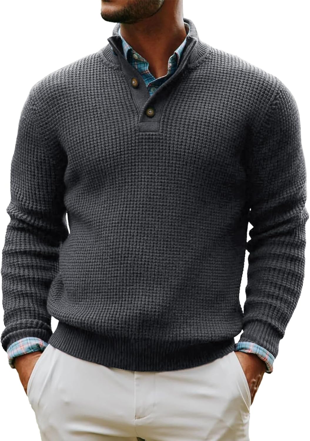 Runcati Mens Pullover Sweater Knitted Quarter Button Stand Collar Casual Thermal Henley Sweaters