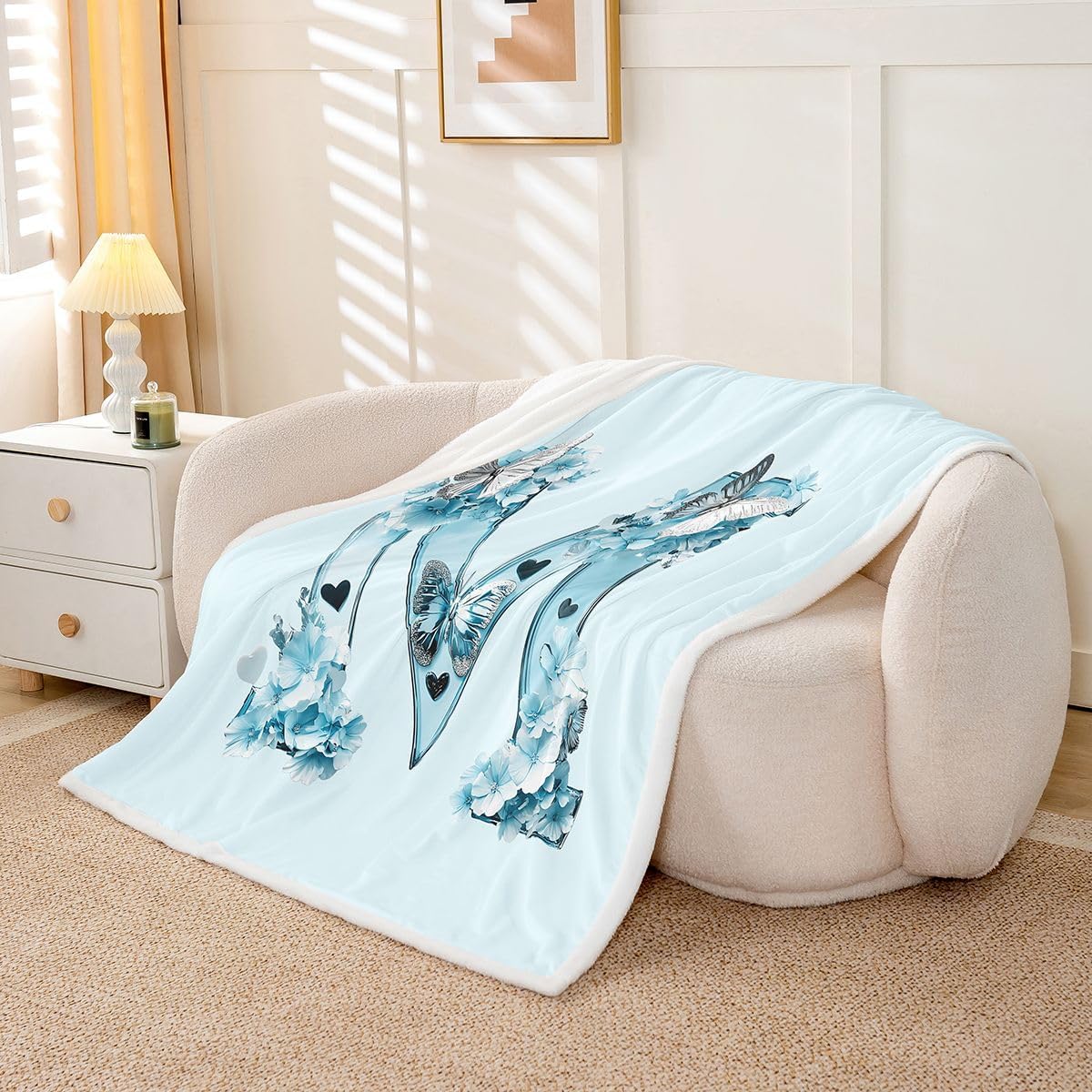 Feelyou Butterfly Sherpa Blanket Plush Fuzzy Butterflies Print Fleece Throw Blanket Boys Girls Butterfly Floral for Bed Couch Chair Living Room Personalized Initial M Bedroom Decor Blue Twin 60"x80" image 2