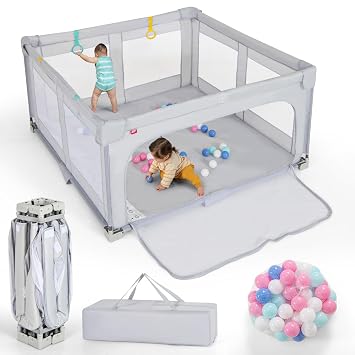 Costzon Foldable Playpen for Babies, 59x59 Portable Baby Play Pen with 50 PCS Ocean Balls, 4 Handles, Carry Bag, Visible Mesh, Kids Activity Center with Gates, Indoor & Outdoor Baby Gate Play Pen