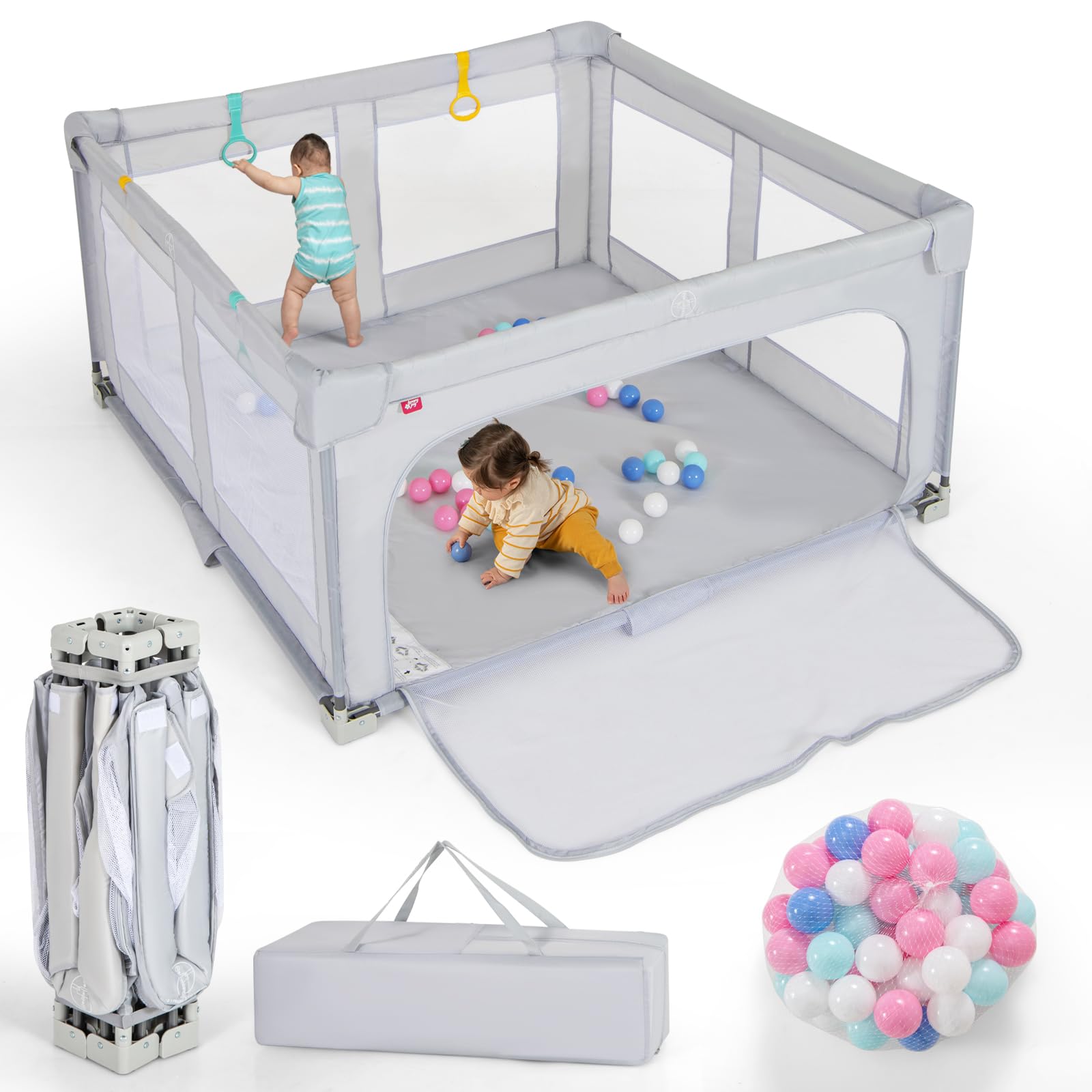 Costzon Foldable Playpen for Babies, 59''x59'' Portable Baby Play Pen with 50 PCS Ocean Balls, 4 Handles, Carry Bag, Visible Mesh, Kids Activity