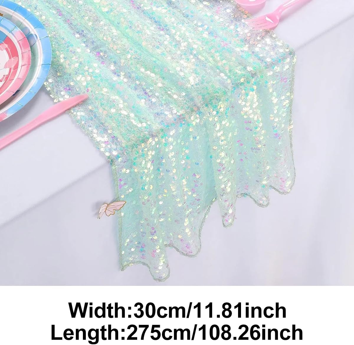 Glitter Iridescent Sequin Table Runner, Soft Table Runner Roll Decor Gauze for Party Wedding Christmas - Green 30x275cm