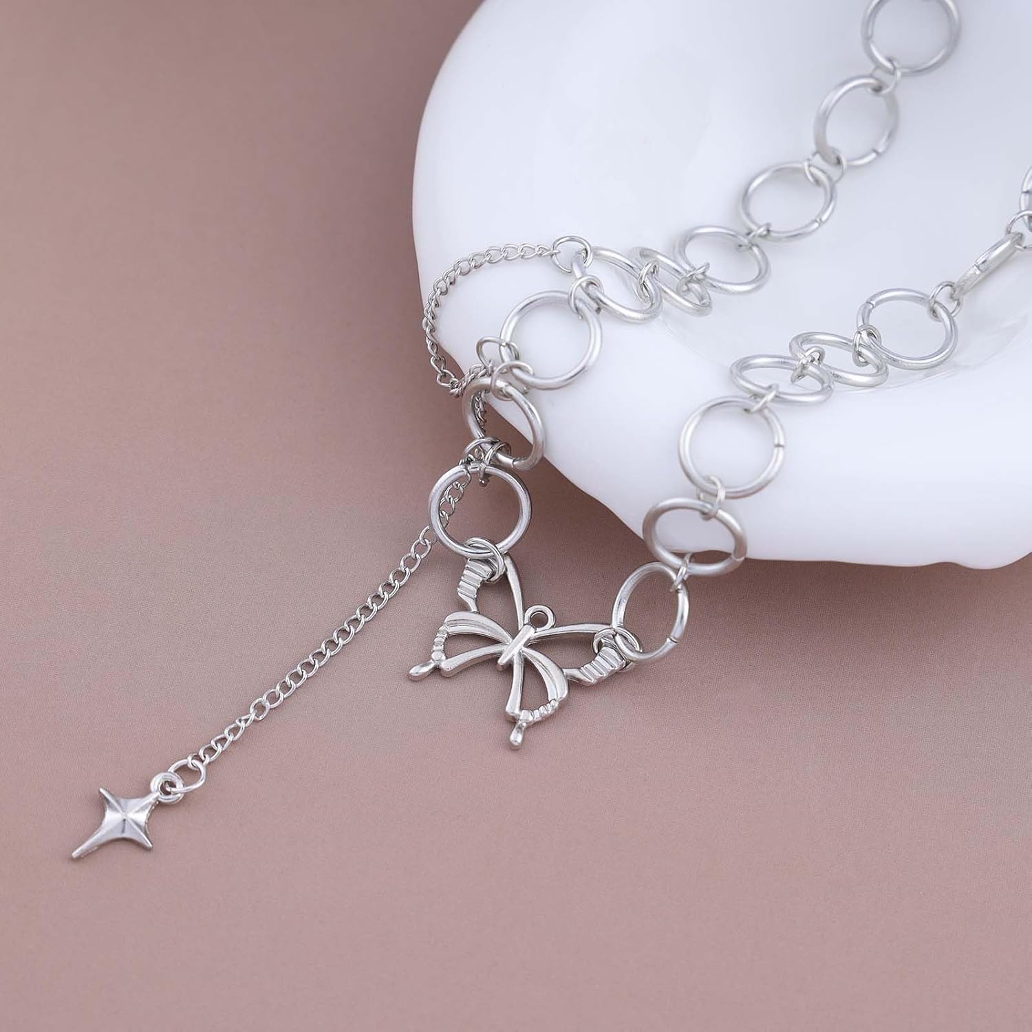Bohemian Butterfly Hoop Choker Necklace Silver Star Y Lariat Pendant Necklace Butterfly Star Collar Necklace Hollow Circle Hoop Chain Necklace Jewelry for Women Gifts - Image 3