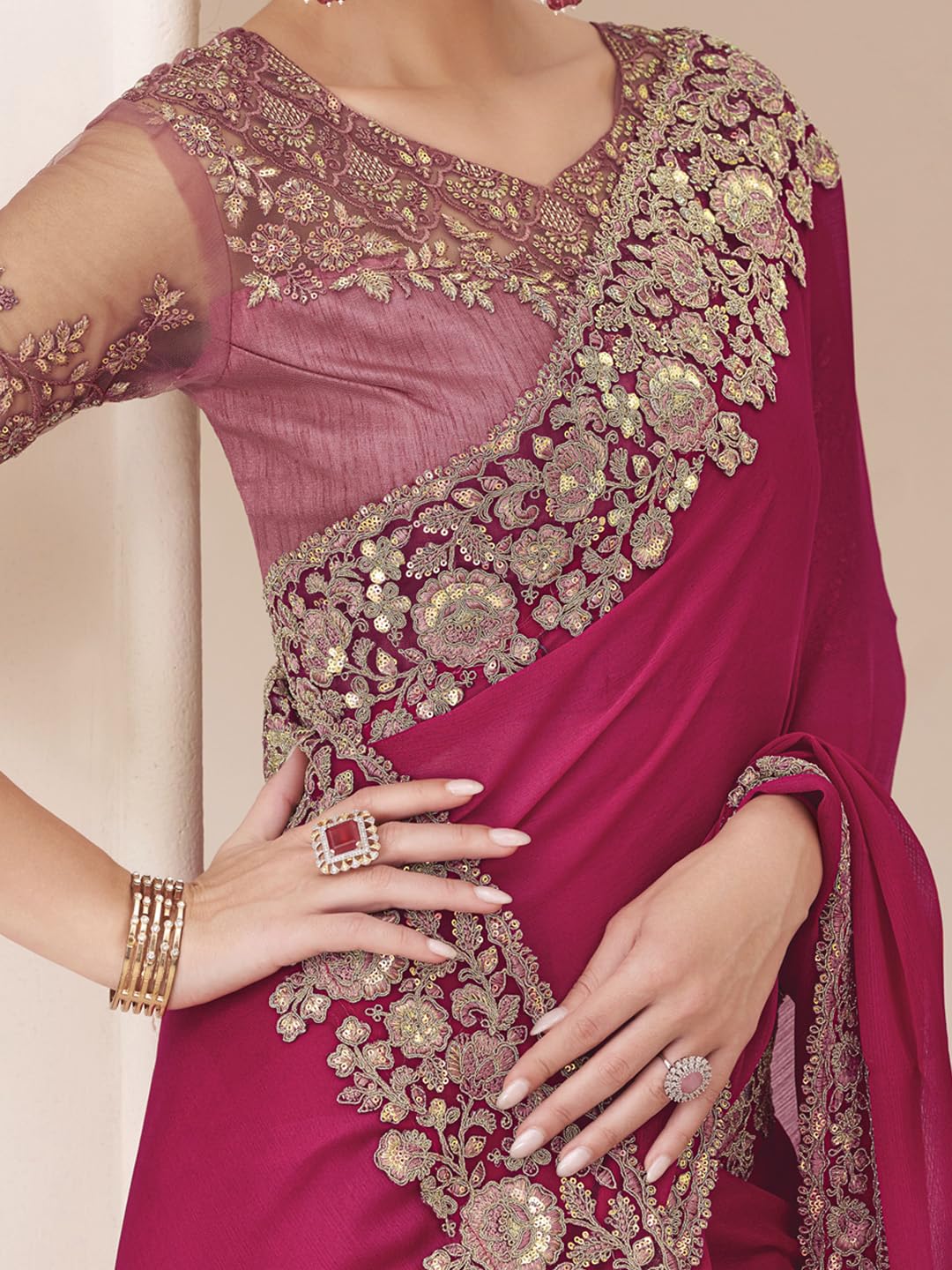 AKHILAM Women's Pure Chiffon Embellished Saree With Unstitched Blouse (SNDLWOD1301_TFH_Parent) - Image 10