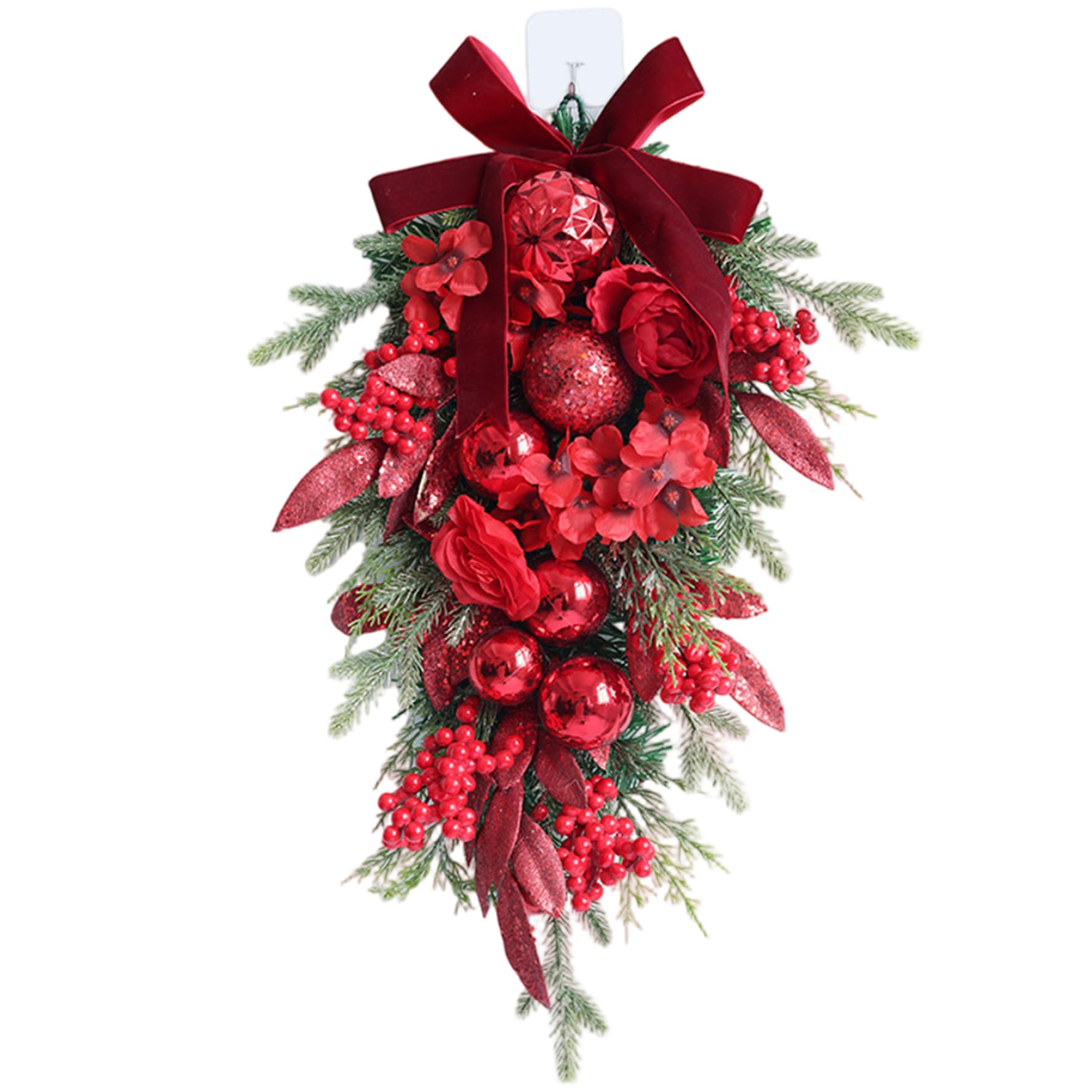 CAKEEYUM Christmas Door Swag 23.6'' Artificial Christmas Swag with Bow, Flower, Berry, Ball, Hanging Teardrop Wreath for Front Door, Stairway, Window, Shelf Teardrop, Decorations, Chris