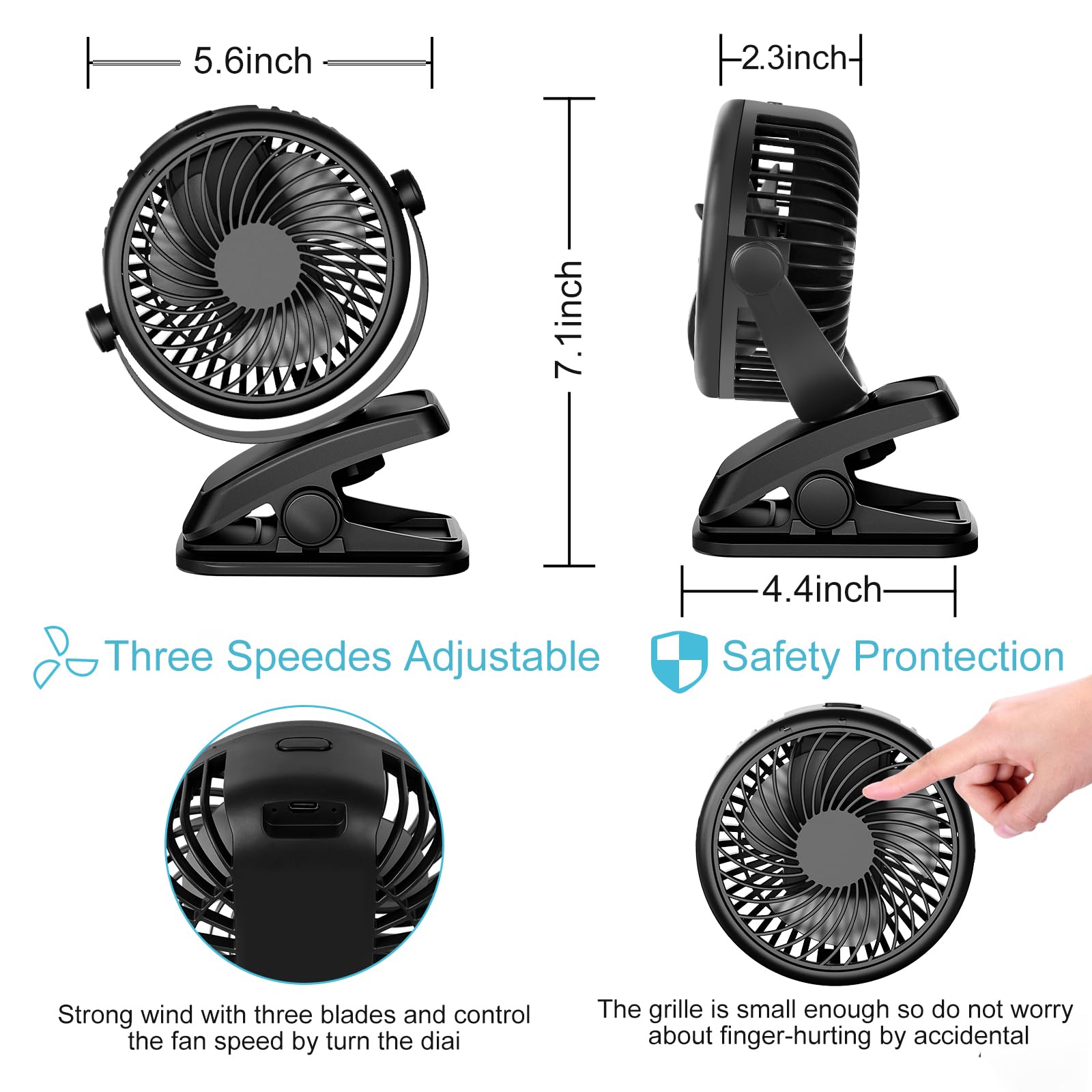 Mini ventilatore USB, ventilatore portatile silenzioso con batteria ricaricabile, 3 velocità, 360 velocità rotanti per camera da letto, ufficio, passeggino, campeggio