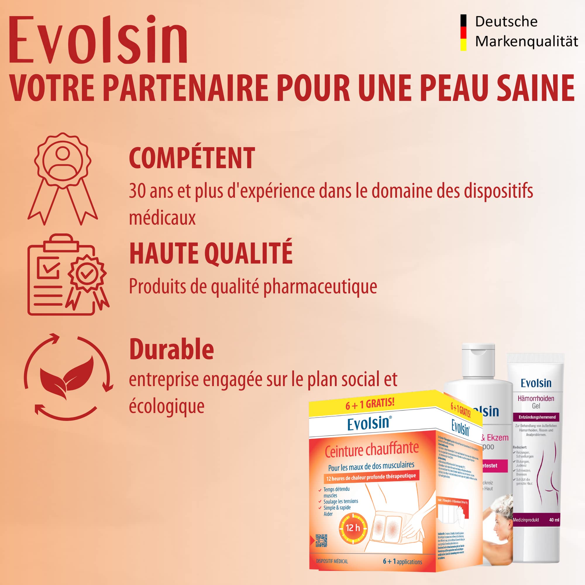 Evolsin - Ceinture chauffante médicale pour le traitement des douleurs musculaires du dos - 12h de chaleur thérapeutique profonde pour détendre et relâcher les muscles (6 + 1 applications)