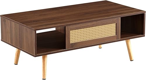 Miniatura 65 de IANIYA Mesa de centro bohemia con almacenamiento, mesa de comedor con cajón de ratán y patas de madera maciza, mesas centrales pequeñas para sala de