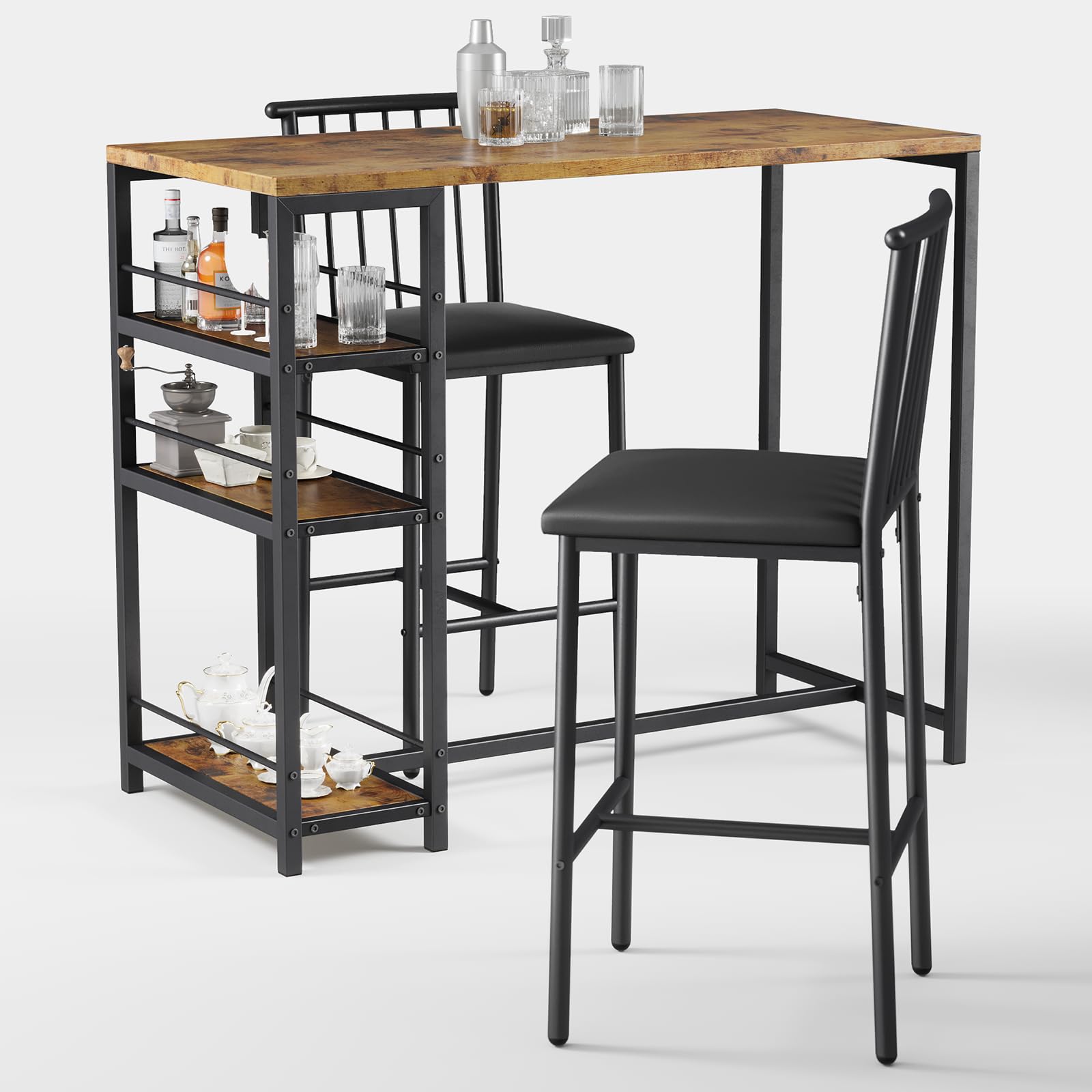 Hapihom Bartisch Set 3-teilig - Bistrotisch Mit 2 Gepolsterten Stühlen & Ablagen Braun