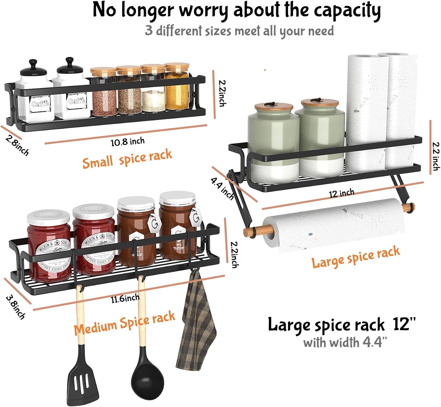 3 Pack Spice Rack Wall Mount with Paper Towel Holder and Hooks, Screw or Adhesive Hanging Spice Shelf, Space Saving Spice Organizer for Seasonings, Spice Racks for Stove Rv Cabinet Black