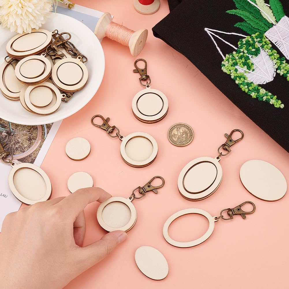 OLYCRAFT 24 Pcs Mini Embroidery Hoop Keychain Tiny Wooden Cross Stitch Hoop with Lobster Claw Clasp Oval/Round Wood Pendant Kit for Craft DIY Embroidery Keychain Pendant 3.2~3.6 Inch