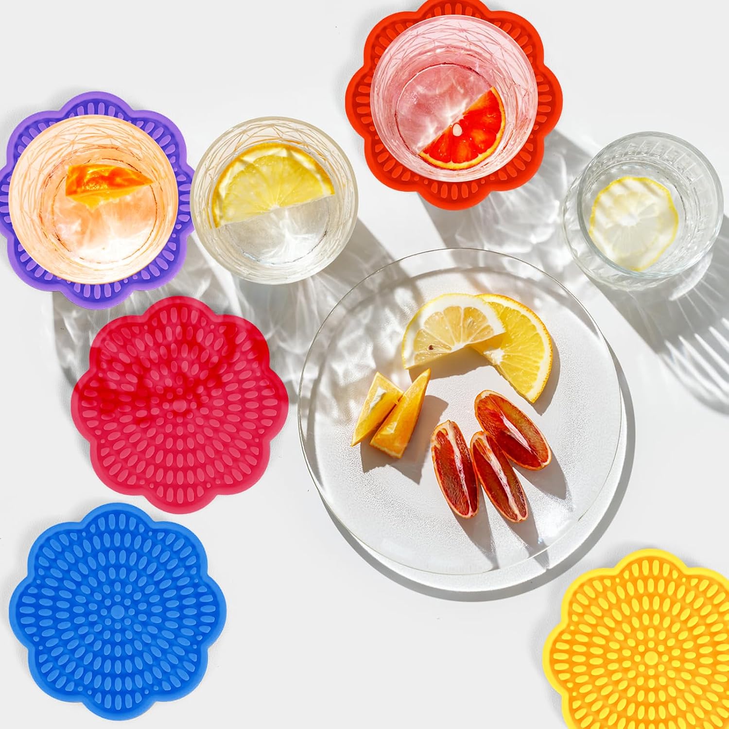 Set of 6 Colorful Silicone Coasters for Drinks Absorbent 4.3 Inch Scalloped Rainbow Coaster Rubber Flower Shaped Deep Tray Pot Holder Trivet for Kids Mugs Cups Bottles Coffee Table Desk