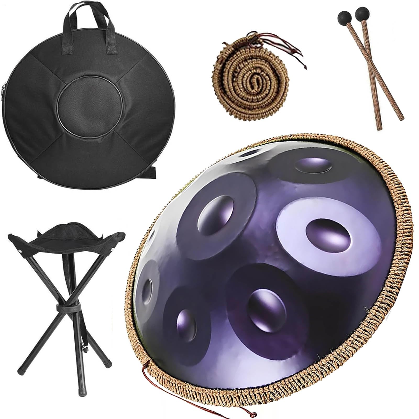 Tamburo a Mano Handpan 22 Pollici 432Hz/440Hz Strumento Musicale in Re Minore con 9/10/12 Note, Tamburo in Acciaio con Borsa, Supporto e Bacchette per Meditazione e Yoga(Deep Purple,440HZ/12Note)