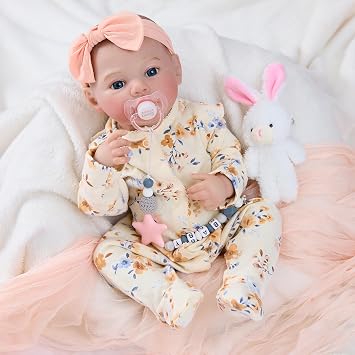 MYREBABY 17 Realistic Reborn Baby Doll Lifelike Eyes Open Baby Girl Soft Body Newborn Doll with Clothes Feeding Accessories for Kids Gift