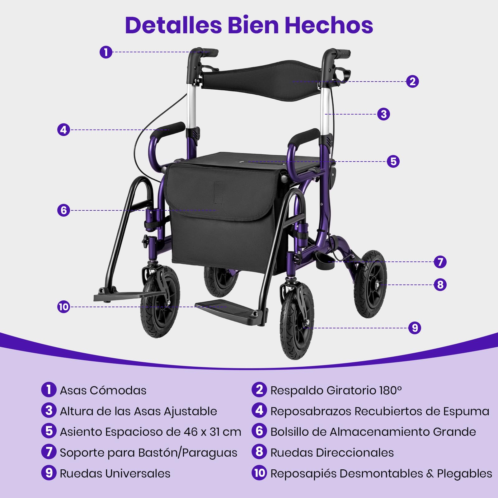 GOPLUS 2 en 1 Andador para Ancianos, Silla con Ruedas de Aluminio Ligero, Alturas Ajustables, Neumáticos para Todo Terreno, Caminadores para Mayores/Discapacitadas (Violeta)