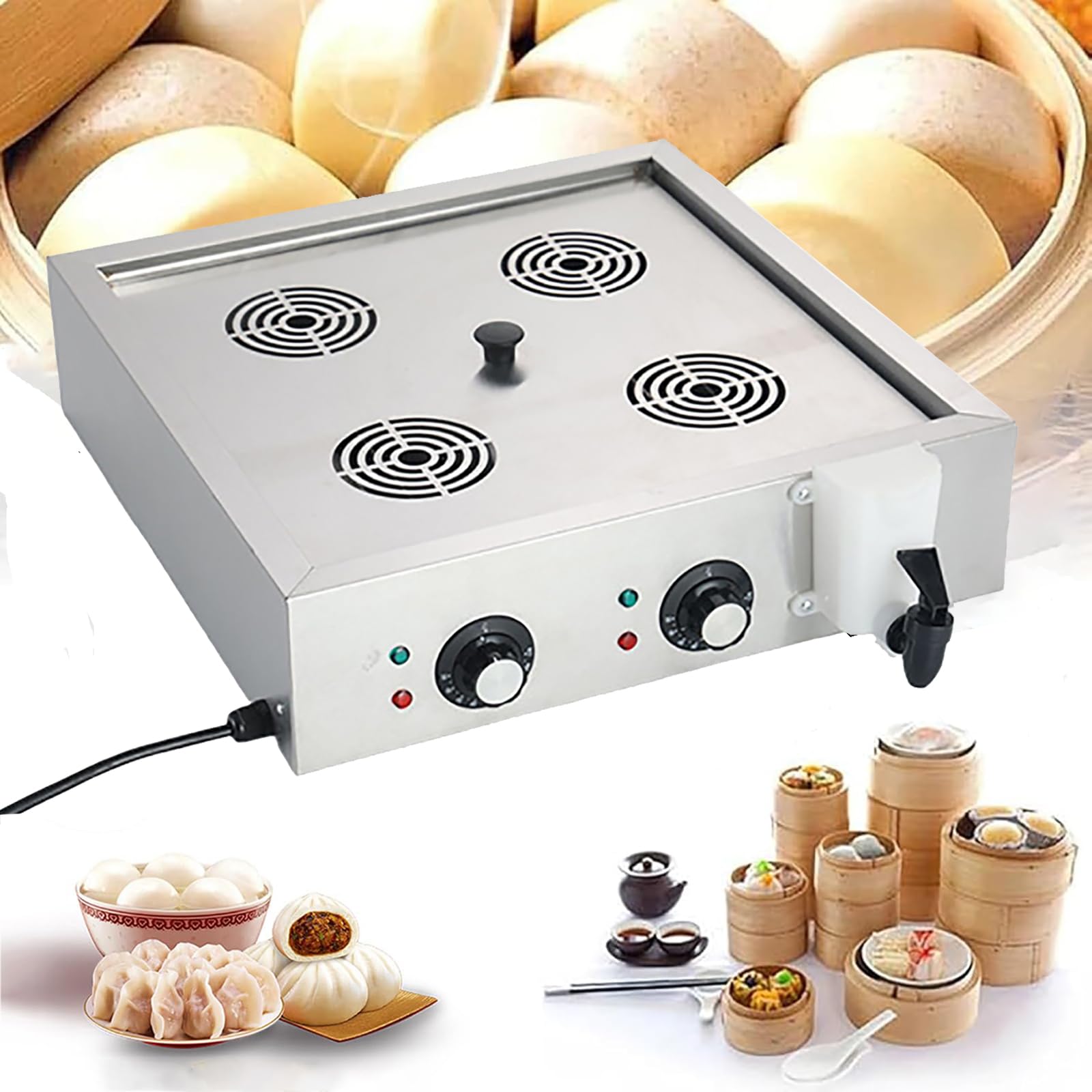 Macchina per Fagottini in Acciaio Inossidabile a Vapore, Steamer per Pane e Fagottini con Temperatura 30-110℃, Allarme di Ebollizione Secca e Fornitura Idrica Indipendente (4Holes)