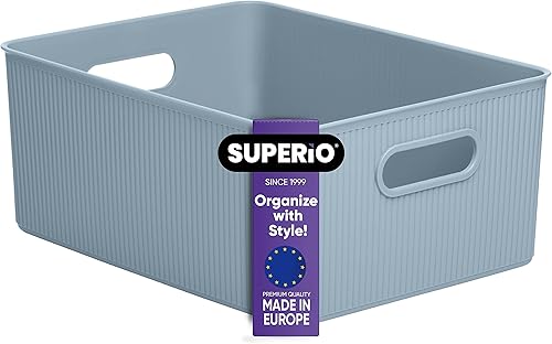 Superio Ribbed Collection - Canastas organizadoras de plástico decorativas abiertas para el hogar, grandes cajas azules (1 unidad) para organizar