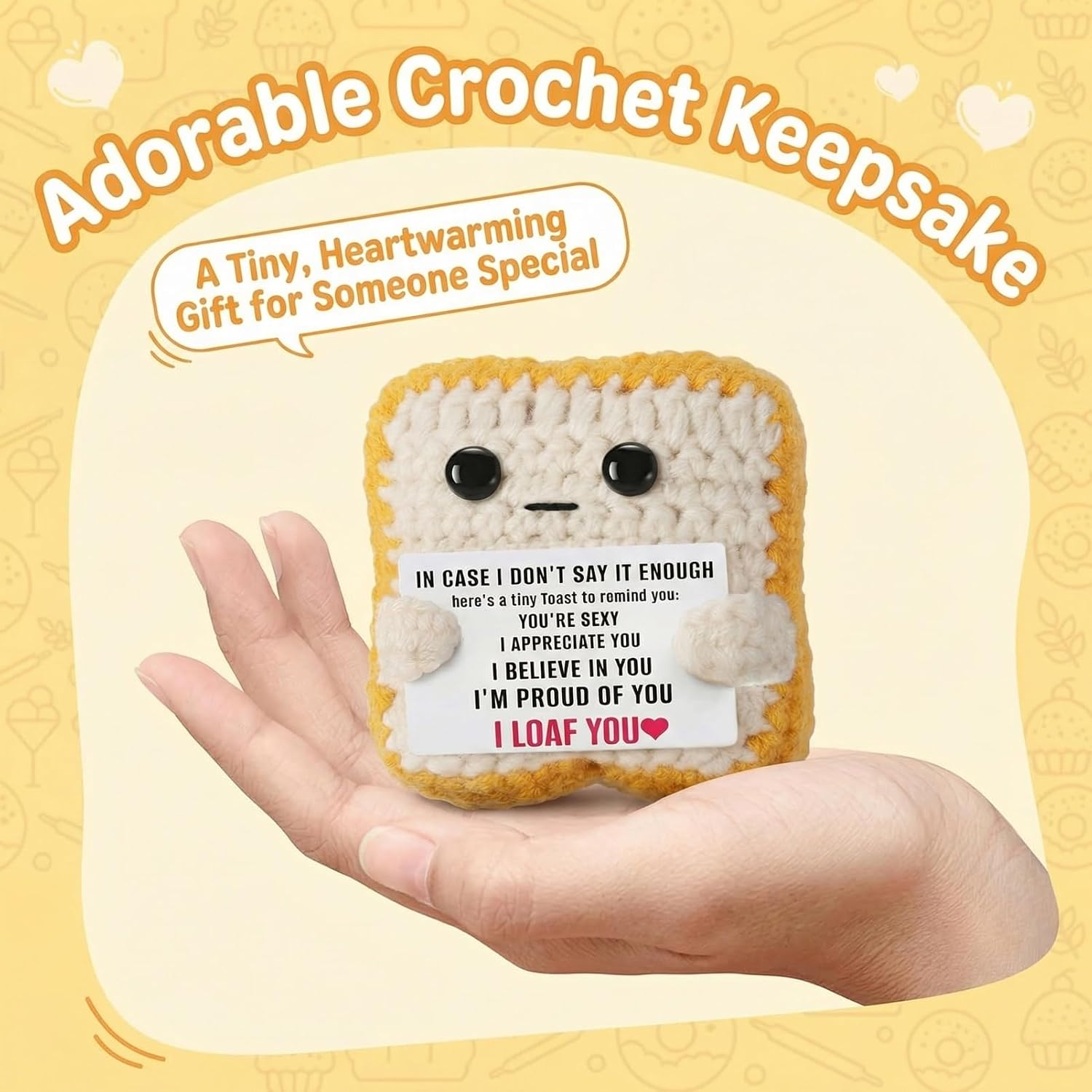 GZGTUU Handmade Crochet Gifts I'm Proud of You, I Loaf You! Toast Ornament with Encouraging Message Cards, Funny Valentines Day Presents for Him Her, Romantic Gift for Husband Wife