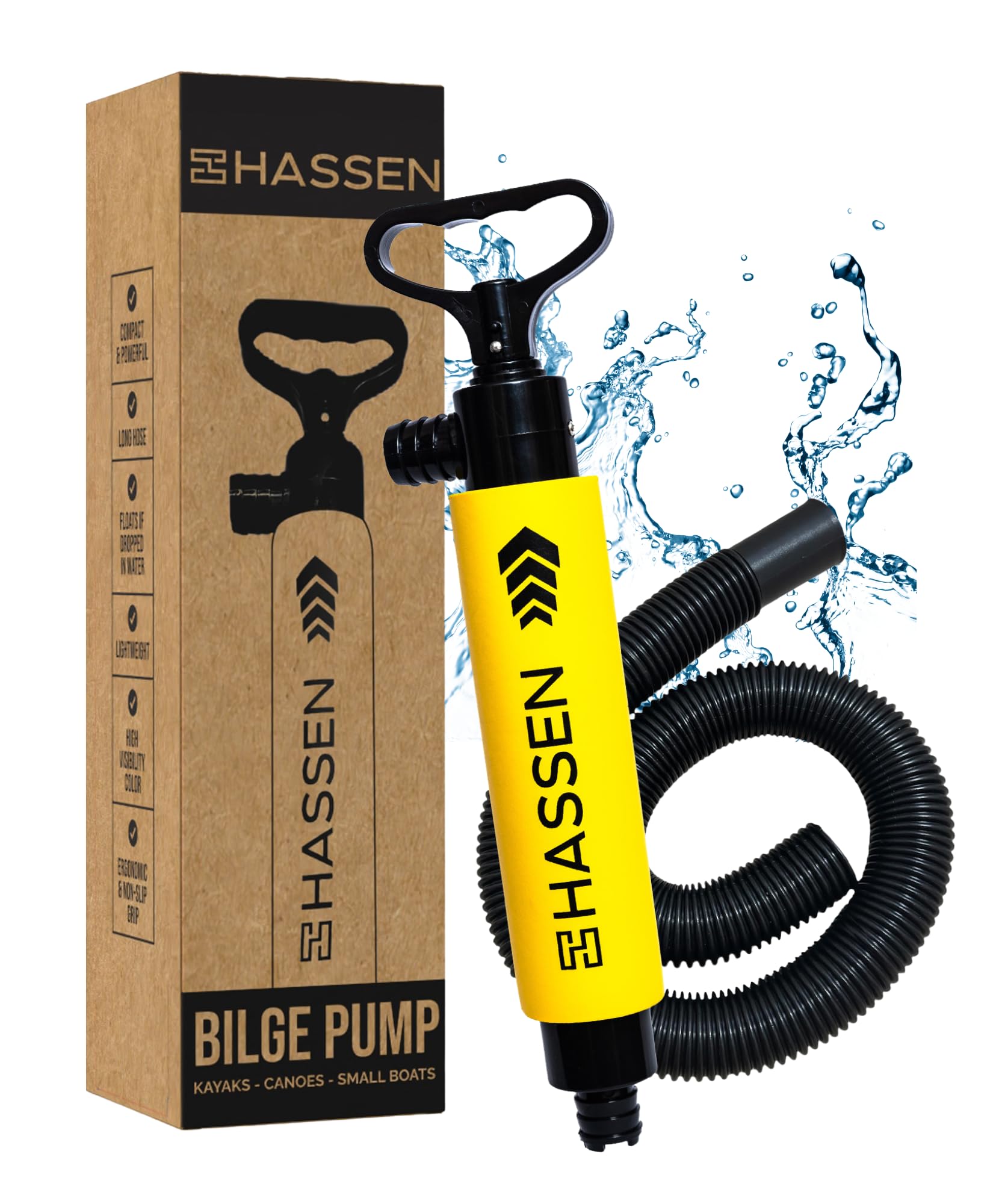 HASSEN Manual Bilge Pump for Boats Portable Hand Water Pumps for Kayak & Canoe - Long Hose Marine Safety Equipment Must Haves, Emergency Water Removal Suction Tool Camping & Home