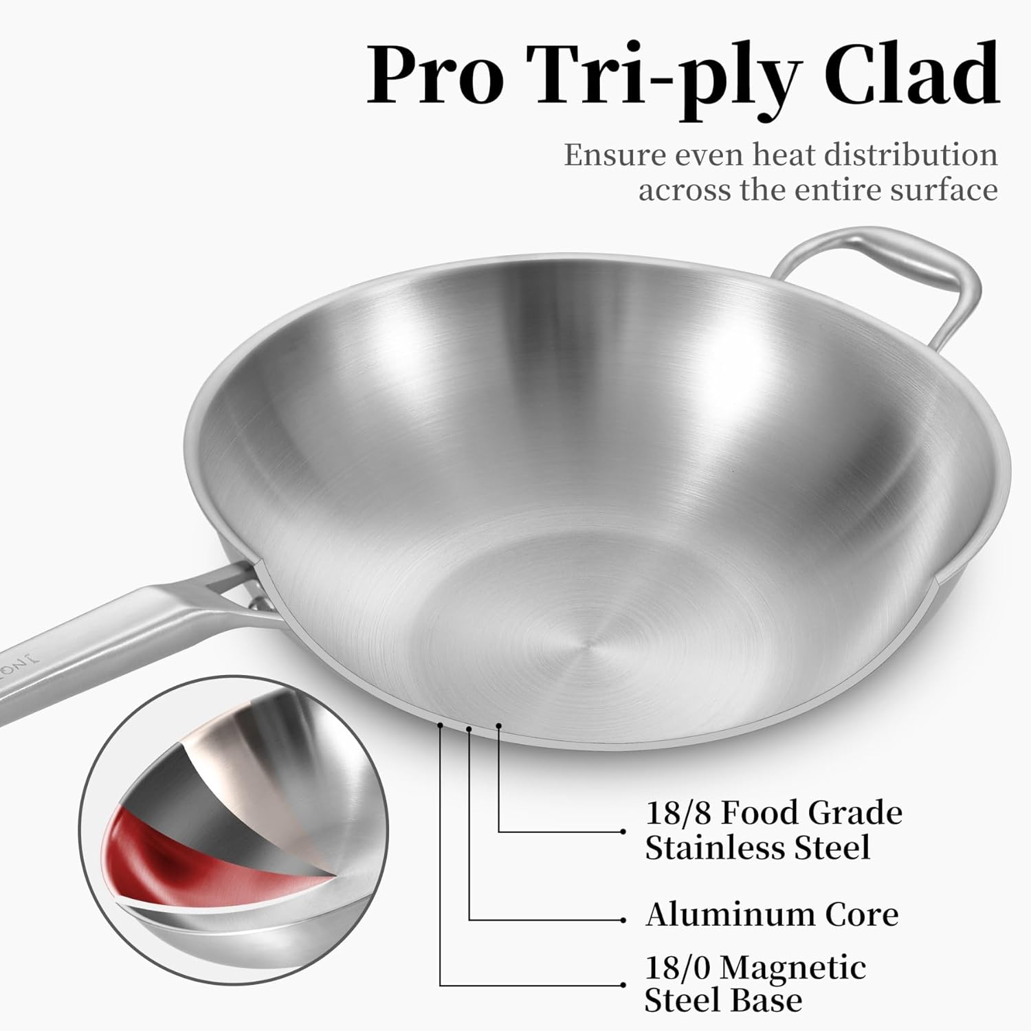 Inqibee 13 Inch Stainless Steel Wok with Lid, Induction Compatible Stir Fry Wok Pan, Long Handle & Helper Handle, Tri-Ply Construction, Works on All Stovetops, Oven & Dishwasher Safe