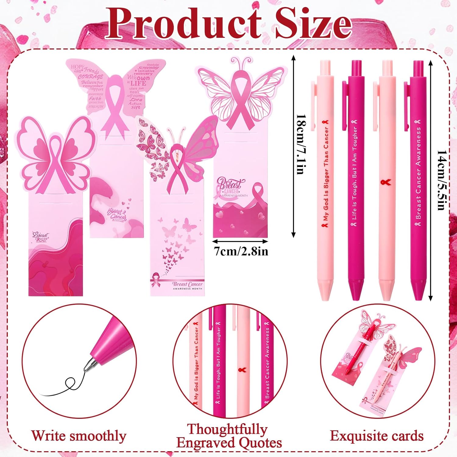 100 Set Breast Cancer Awareness Ballpoint Pink Ribbon Pens Bulk Breast Cancer Awareness Items Pens Butterfly Cards Retractable Black Ink for Inspiration Graduation Nurses Day Events Charity Supplies
