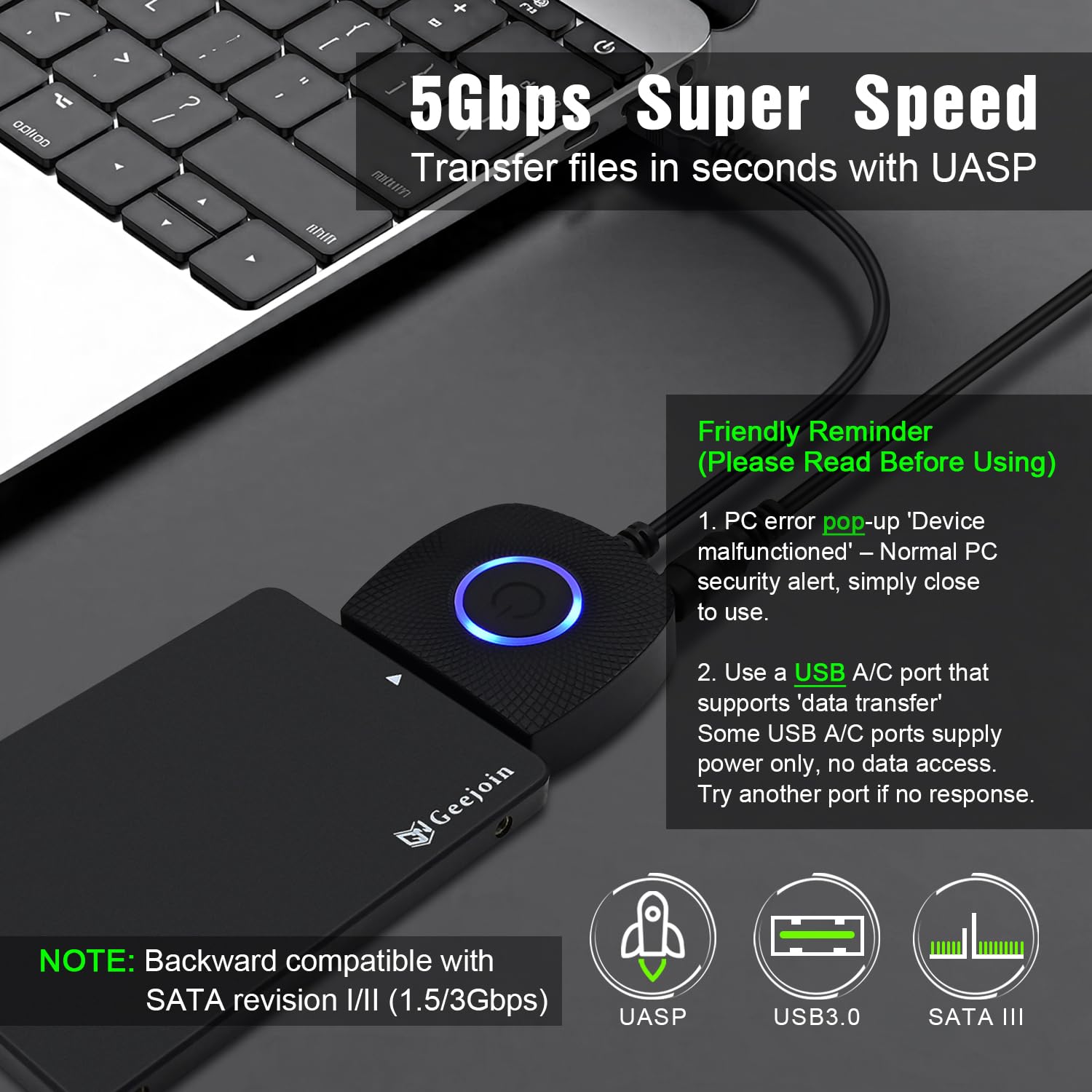 YEZriler SATA to USB 3.0 Adapter with Power Supply, SSD to USB Adapter External Hard Drive Cable Compatible with 2.5 3.5 Inch HDD/SSD Hard Drive Disk - UASP Support