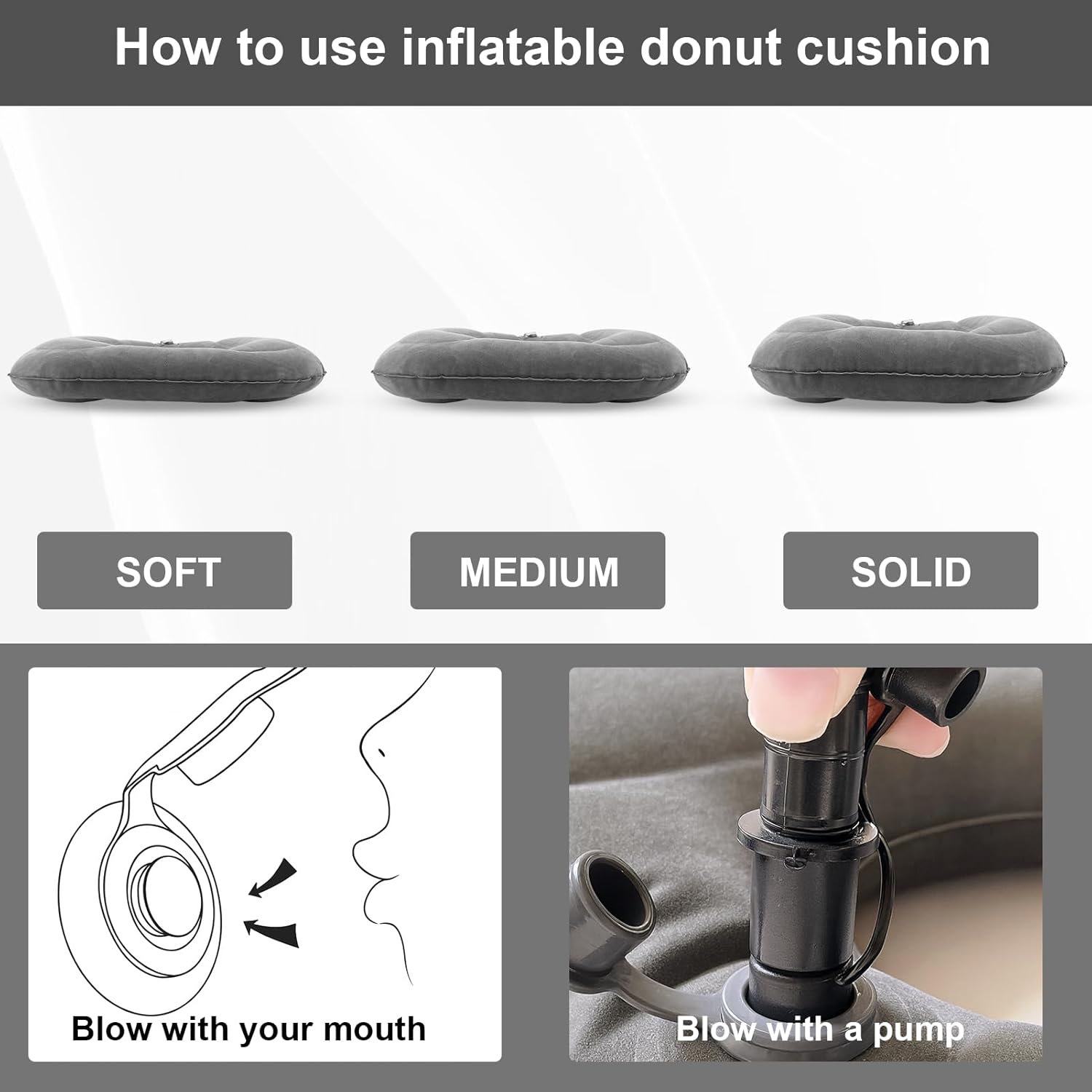 2 Pack Inflatable Donut Pillow, Portable Hemorrhoid Pillows for Sitting, Seat Donut Cushions for Pressure Relief, Butt Cushion for Tailbone Pain for Home, Office or Car (Gray)