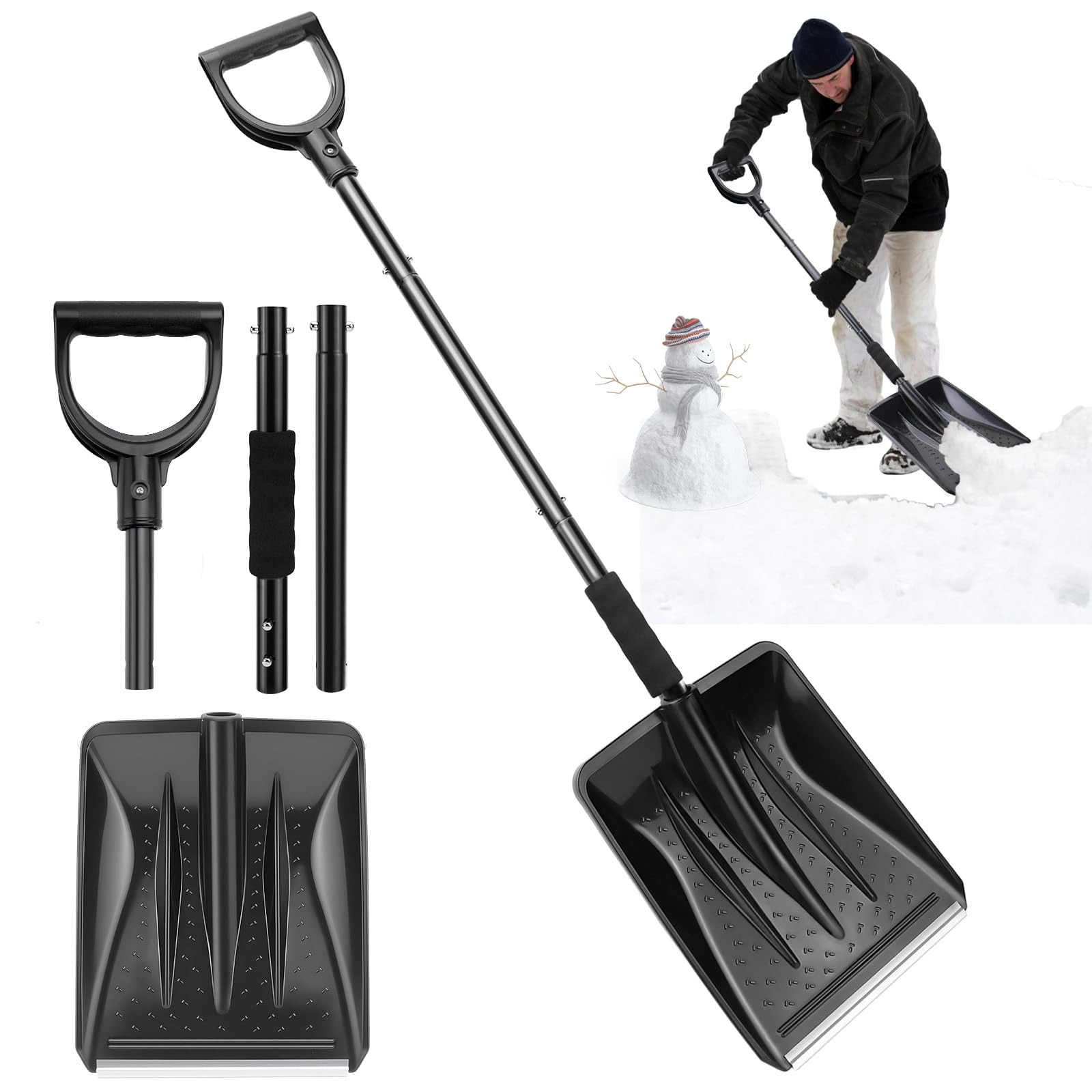Pelle à neige en plastique avec manche en métal, pelle à neige avec 4 pièces, design amovible, légère pour voiture, trottoir et terrasse