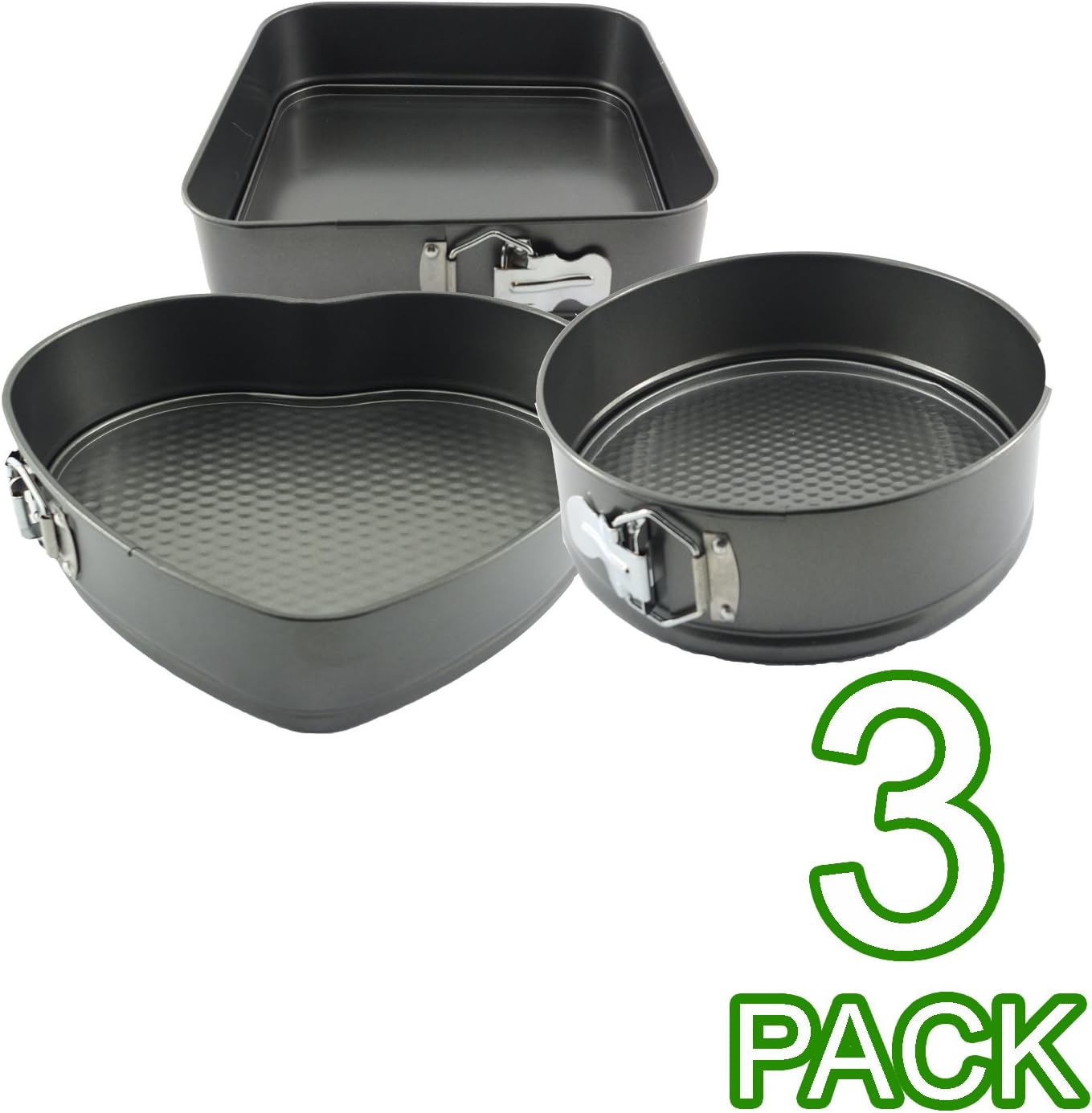 Three Piece Springform Cake Tins Set - with Heart, Round and Square Designs (3 Pack)
