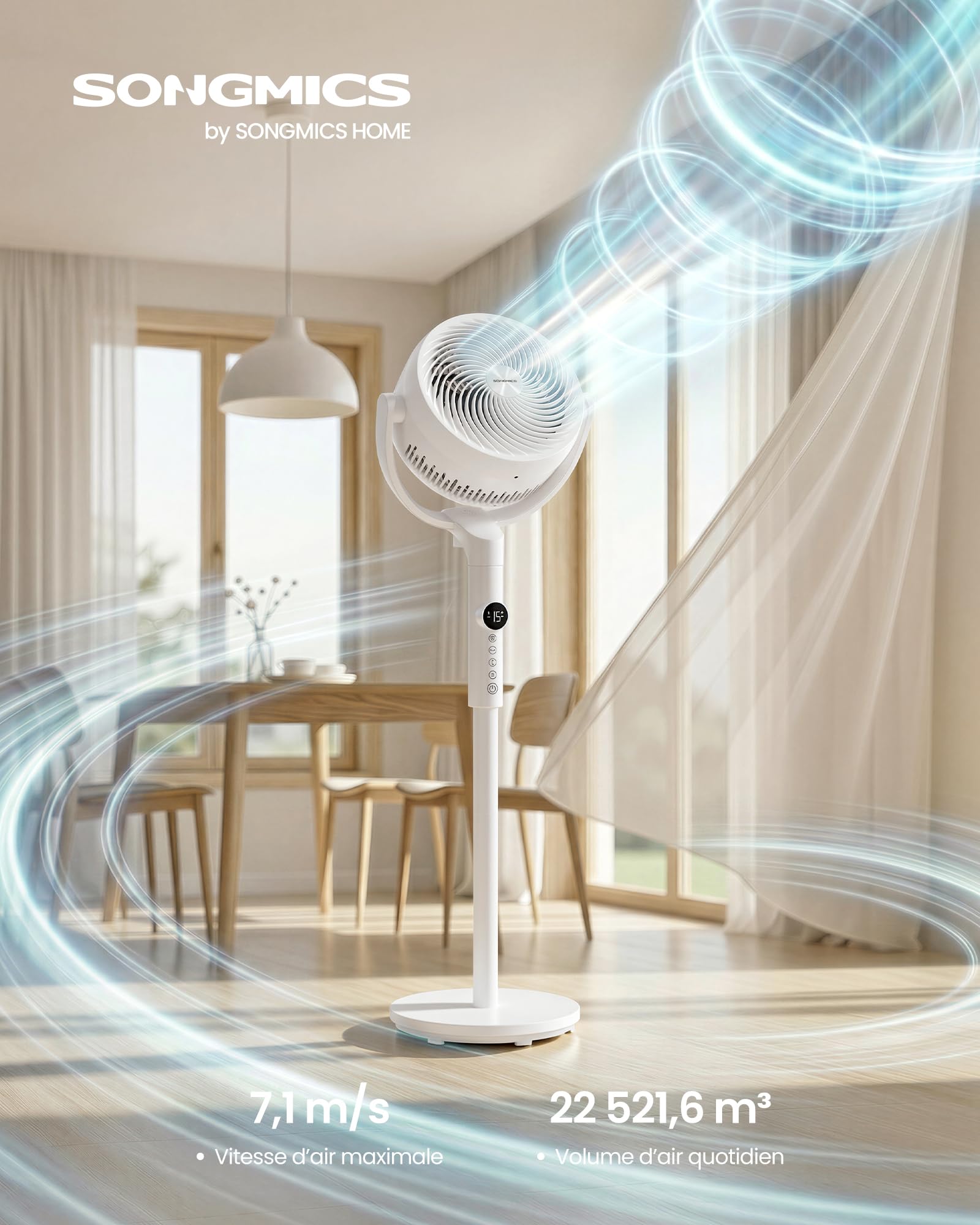 SONGMICS Ventilateur sur Pied Silencieux 20 dB, avec Télécommande, Circulateur d’Air Puissant, Oscillation 120°+135°, 15 Vitesses, Minuterie 15 h, 3 Modes, Hauteur Réglable, Blanc Nuage XFC002W1EU - 3