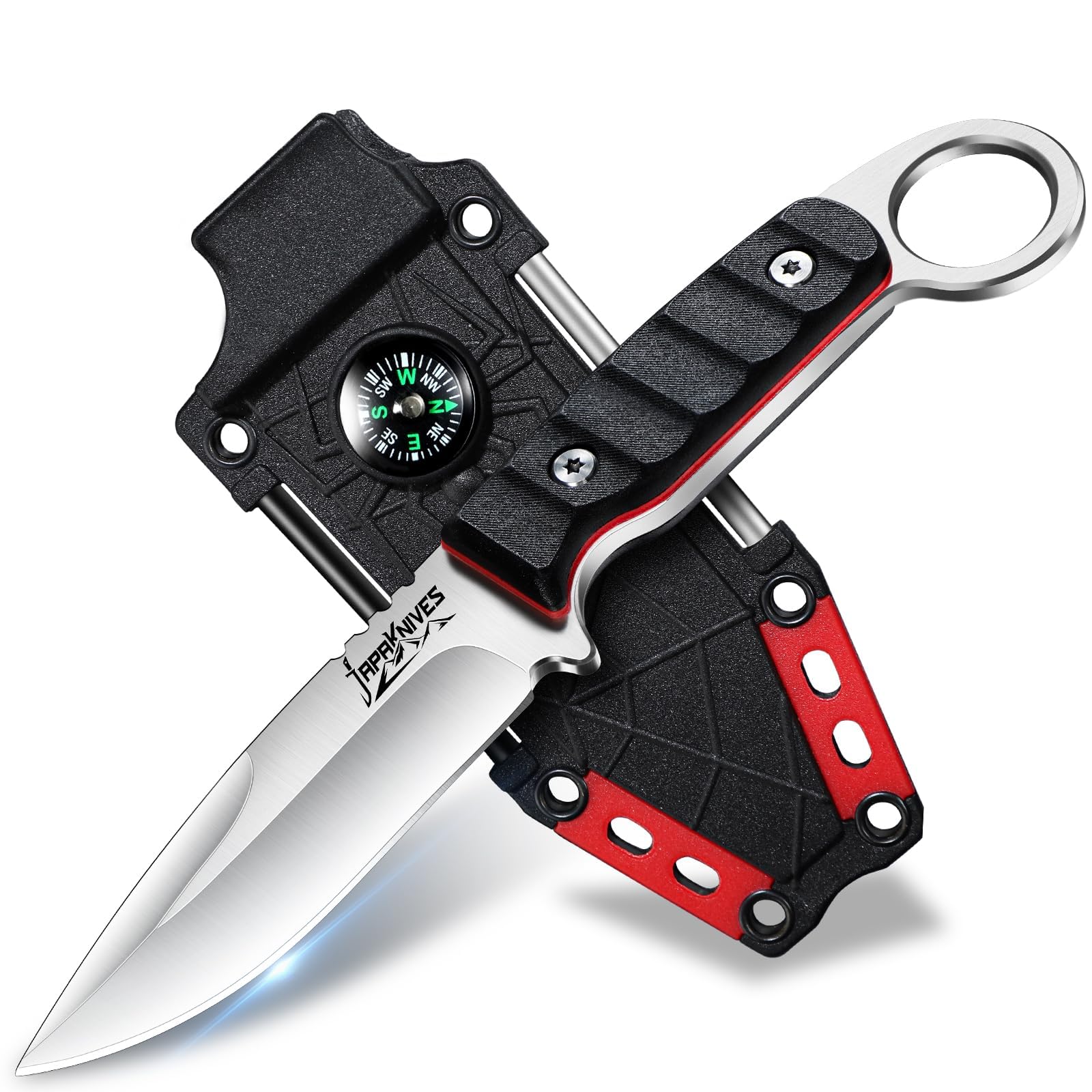 Japaknives Cuchillo para exteriores pequeño, hoja fija de 9 cm, G10, Negro | Cuchillo versátil con vaina y espiga completa para acampada, un regalo para hombres