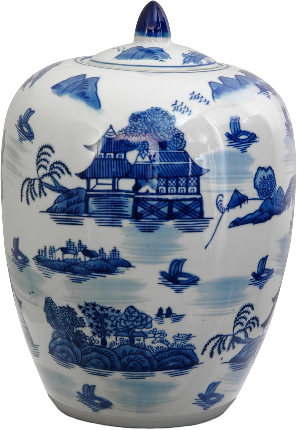 Red Lantern 11" Landscape Blue & White Porcelain Vase Jar