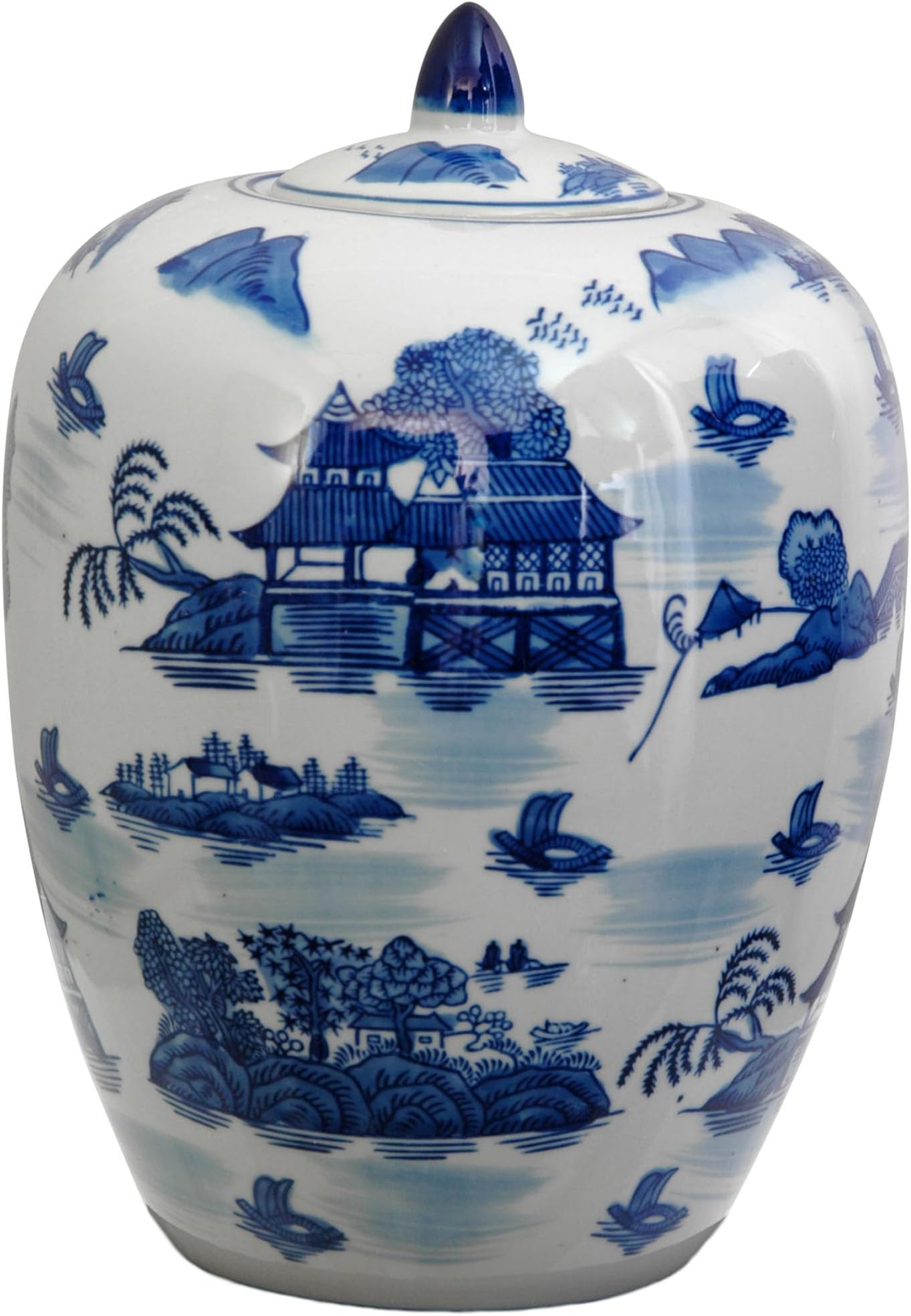 Red Lantern 11" Landscape Blue & White Porcelain Vase Jar