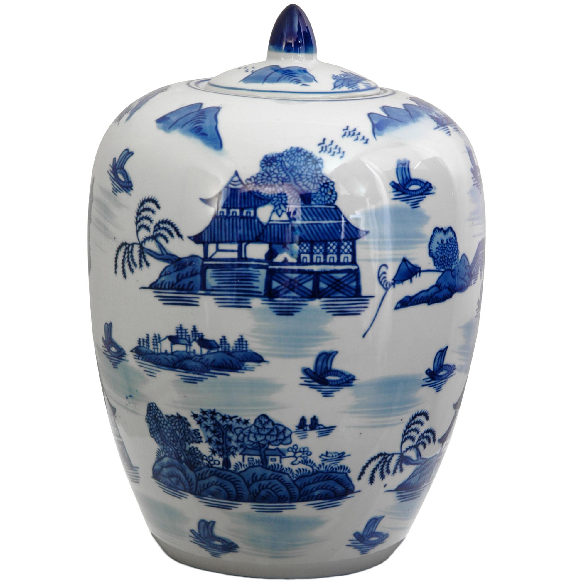 11" Landscape Blue & White Porcelain Vase Jar