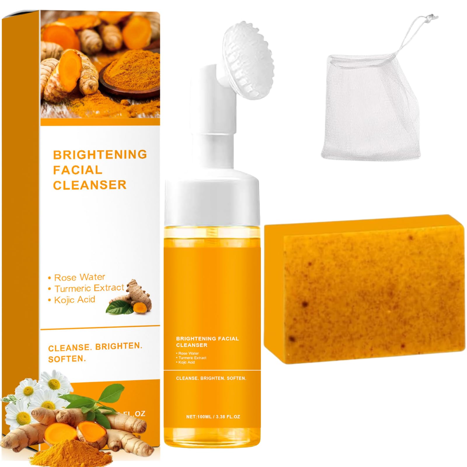Turmeric Wash and Care Two Piece Set, Facial Cleanser & Soap Bar,Face & Body Cleanser, Face Wash and Natural Handmade Soap,for All Skin Types，Bring a Bubble Net