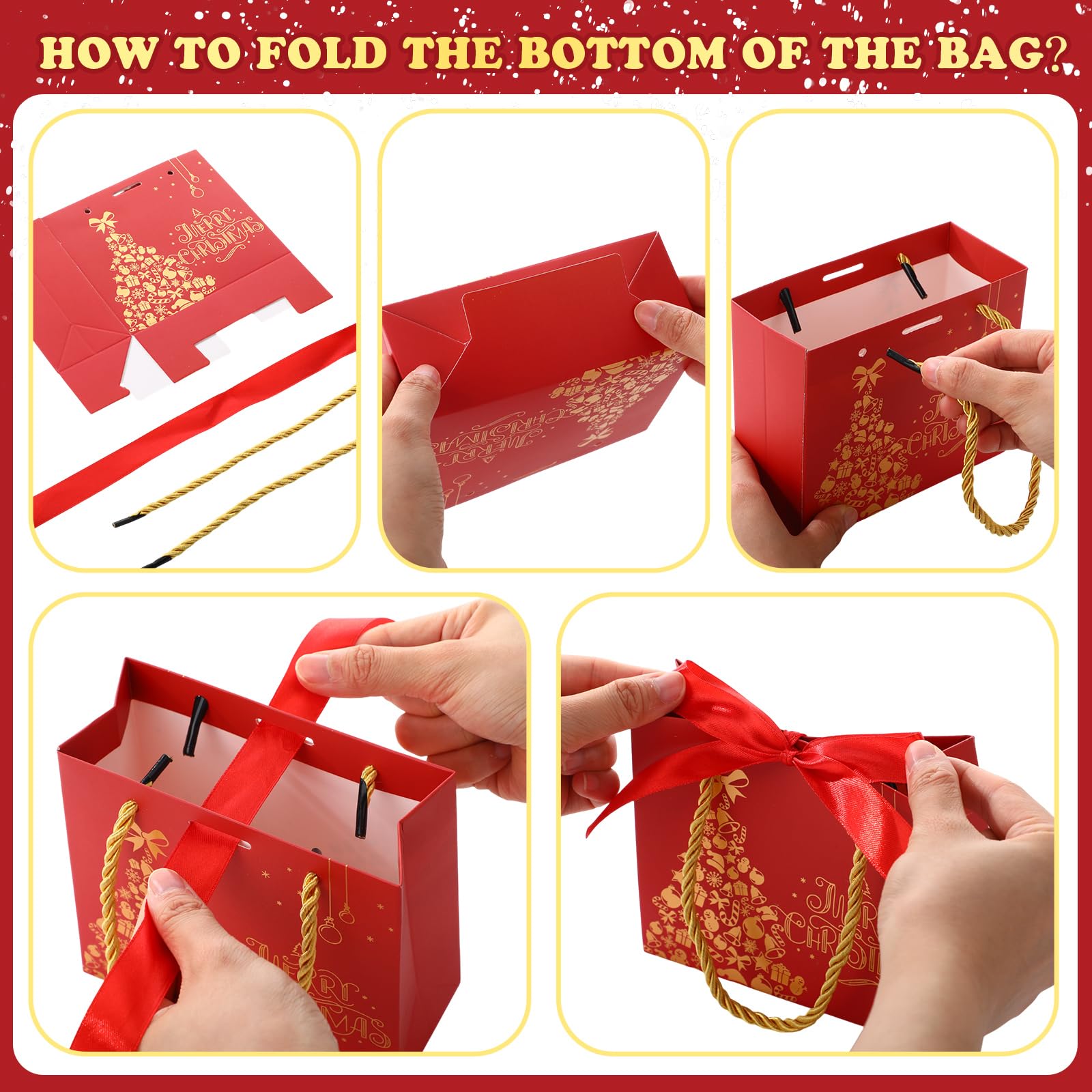 Kolldenn Lot de 50 petits sacs cadeaux de Noël en vrac avec poignées en feuille d'or rouge, blanc, vert avec nœud pour Noël, bonbons, cadeaux de fête pour Noël, vacances, Nouvel An
