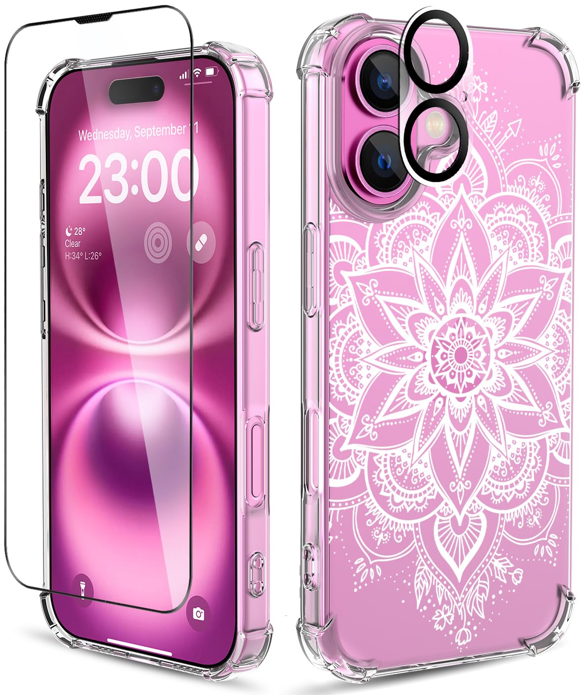 for iPhone 16 Case, 3 in 1 Screen & Lens Protectors, Floral Cover | Soft TPU Material | Clear Cute Flower Design | Shockproof Protection | Designed for Women & Girls,Mandala Mandala For iPhone 16