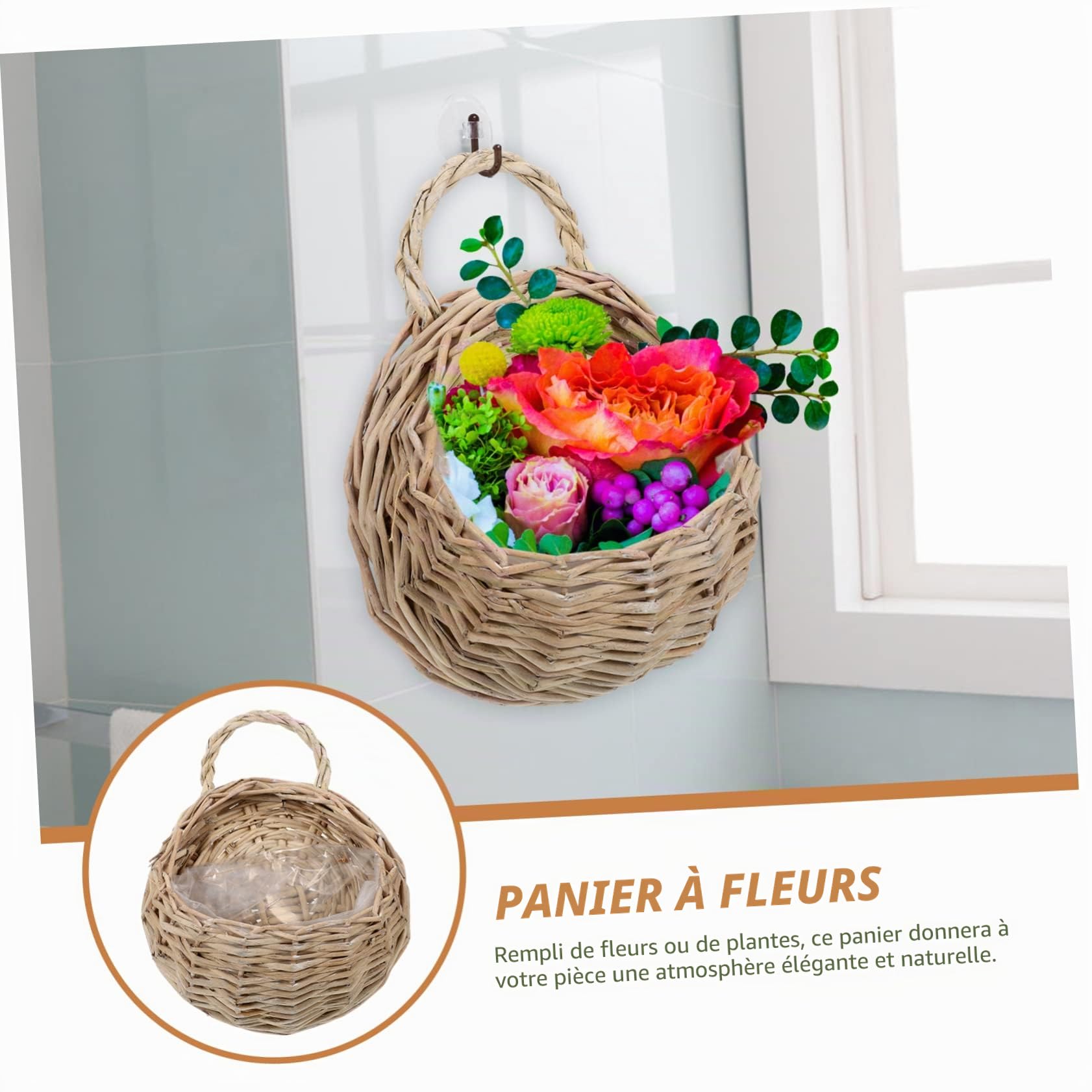 Lot De 2 Paniers De Rangement Suspendus en Rotin Panier Mural Tissé pour Fleurs Et Plantes Décoration Murale pour Cuisine Salle De Bain Chambre Et Entrée 23.00 X 18.00 X 9.00 cm