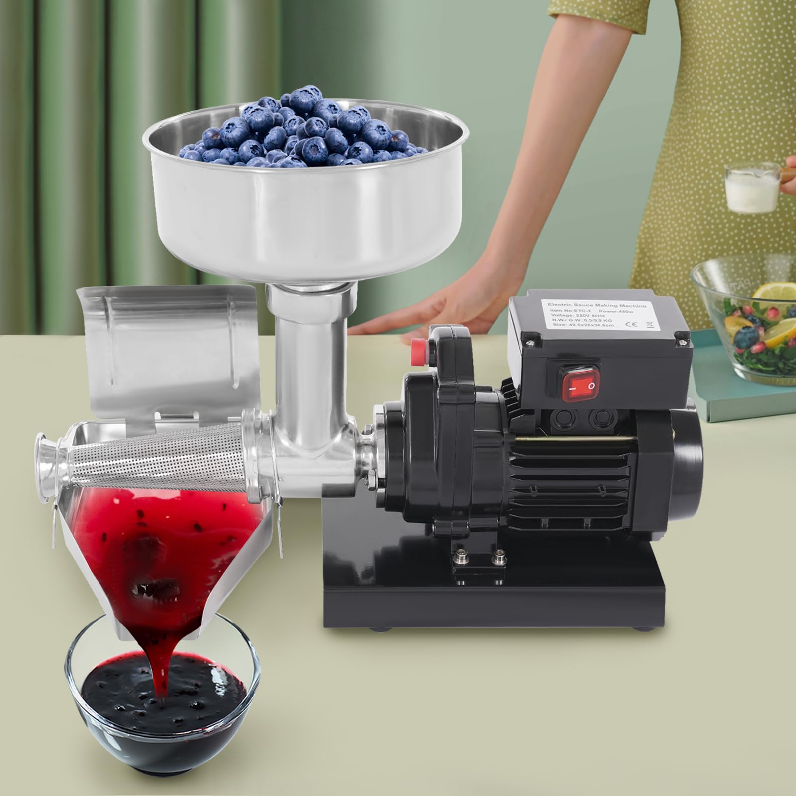 Elektrisch Tomatenpresse aus Edelstahl 450W Professionelle Passiermaschine Elektrisch Beerenpresse Tomaten Passiergerät Für Tomatensauce, Erdbeersauce, Heidelbeersauce und Anderen Marmeladen