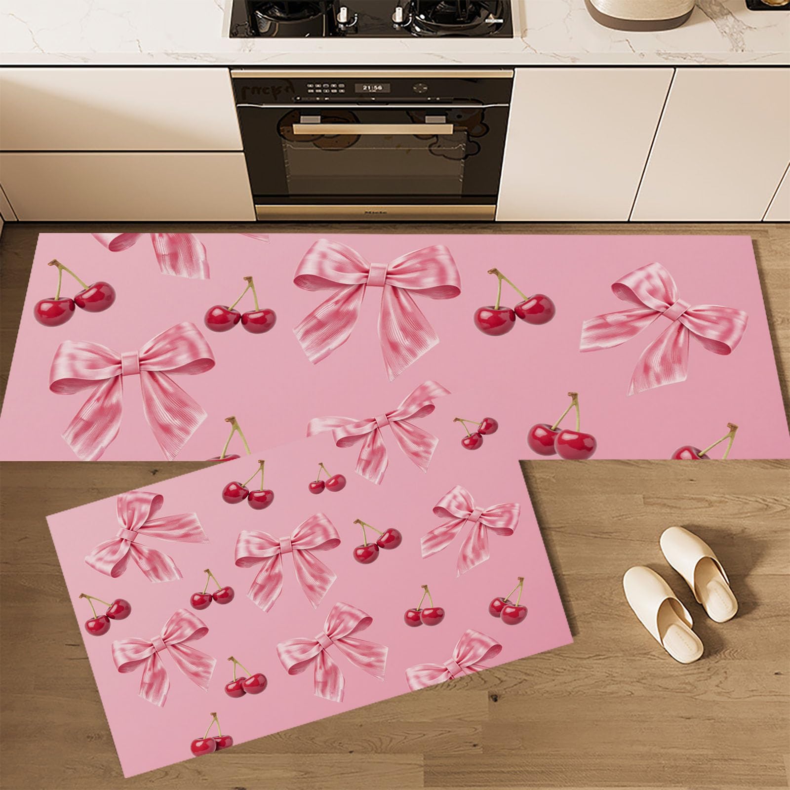 Alfombra de cocina rosa antideslizante, pack de 2 alfombrillas cómodas para cocinar con alegría