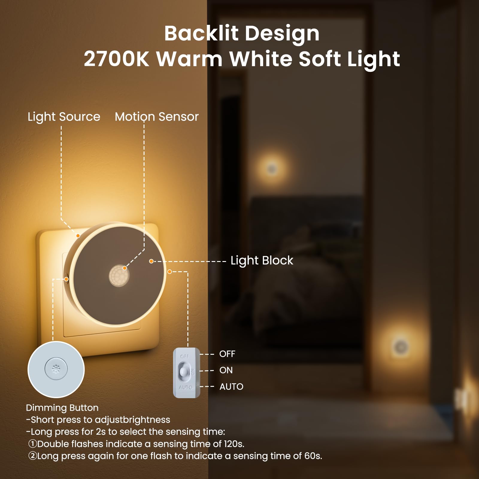 Luz Nocturna Infantil 2 Pcs, Luz LED Nocturna con Sensor de Movimiento, Lámpara de Noche Enchufable Brillo Ajustables, 3 Modos (AUTO/ON/OFF), Luz Noche para Niños/Escaleras/Dormitorio- Blanco Cálido
