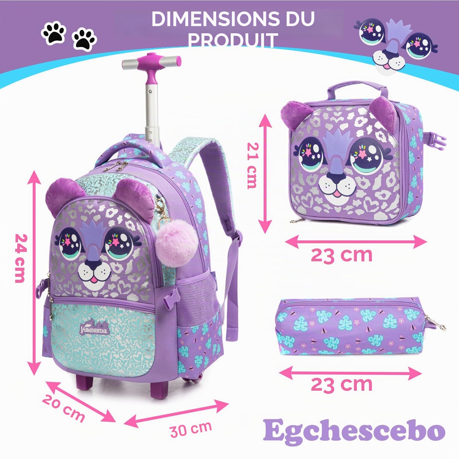 Sac a Dos Animal Enfant Roulette Fille Primaire Valise École Maternelle Sacs à D'école pour Voyage Cabine de Bagages 17" 3PCS Ensemble Grand Cartable Étudiant Simple Violet