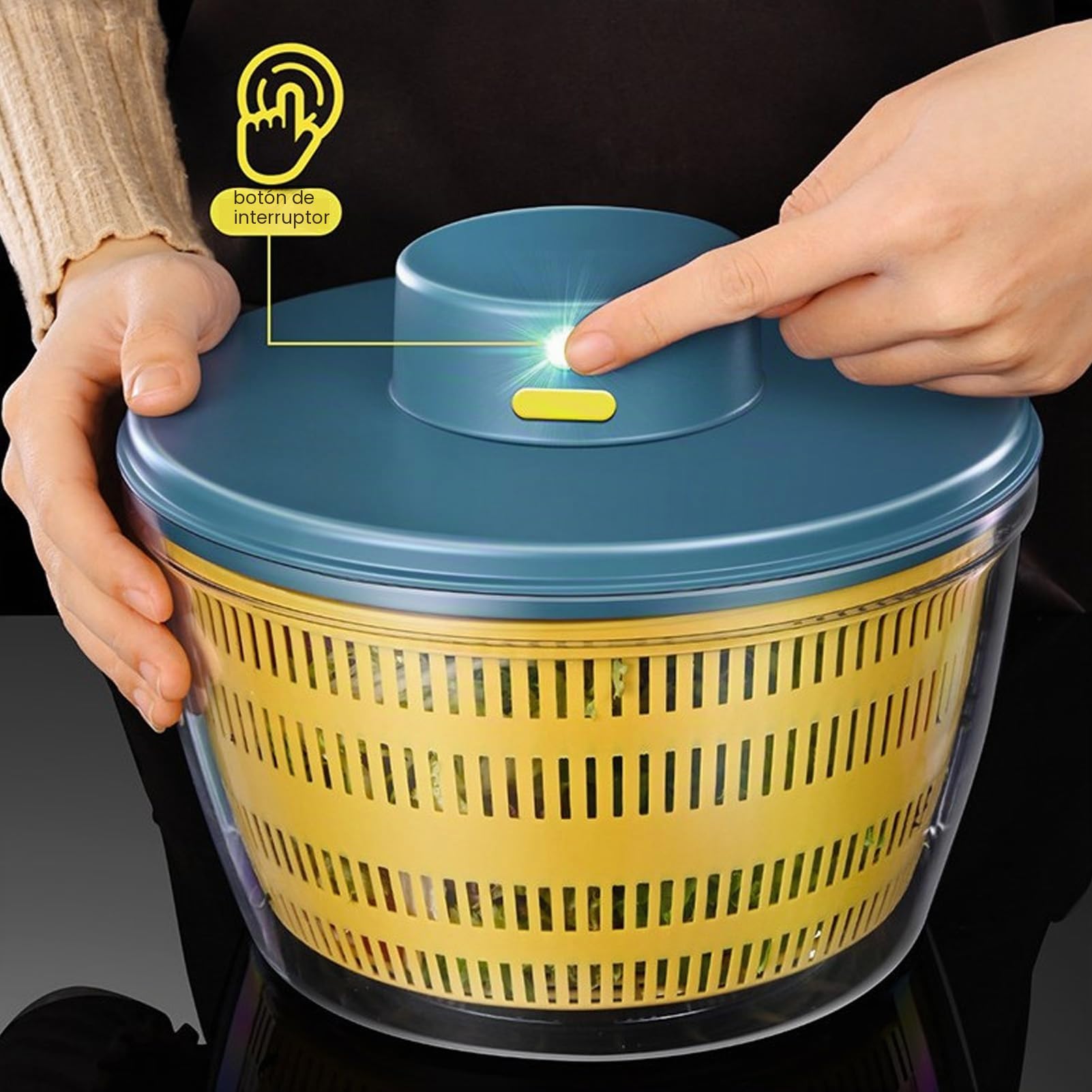Lavadora de Frutas y Verduras, Centrifugadora de Ensalada Eléctrica de 4 Litros, Centrifugadora de Lechuga Multiusos, Secadora de Verduras, Dispositivo Limpiador de Frutas (Azul)