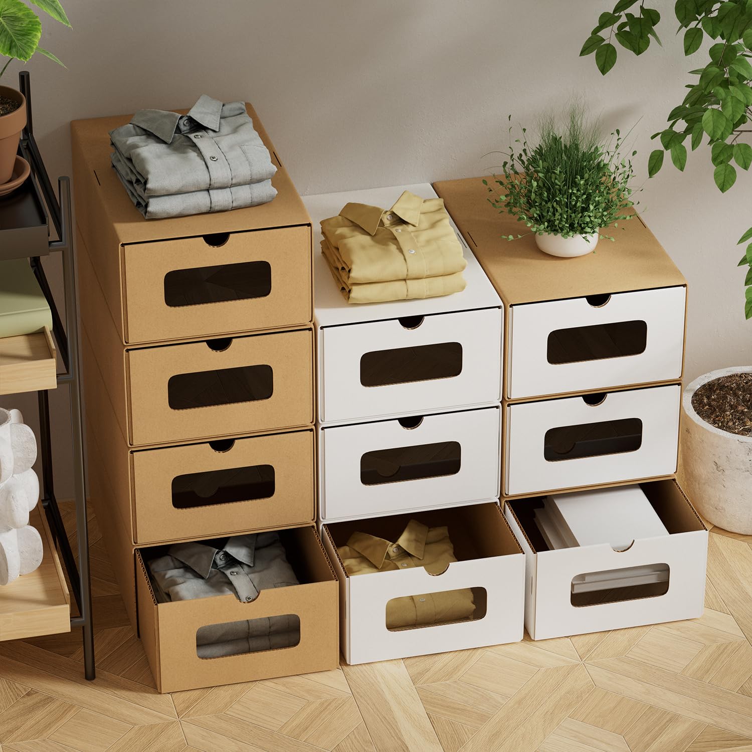 Scatole portaoggetti con finestra, set da 10 pezzi, 33 x 30 x 35 cm, scatole impilabili in cartone, scatole per scarpe e giocattoli, per accessori e accessori, bianco